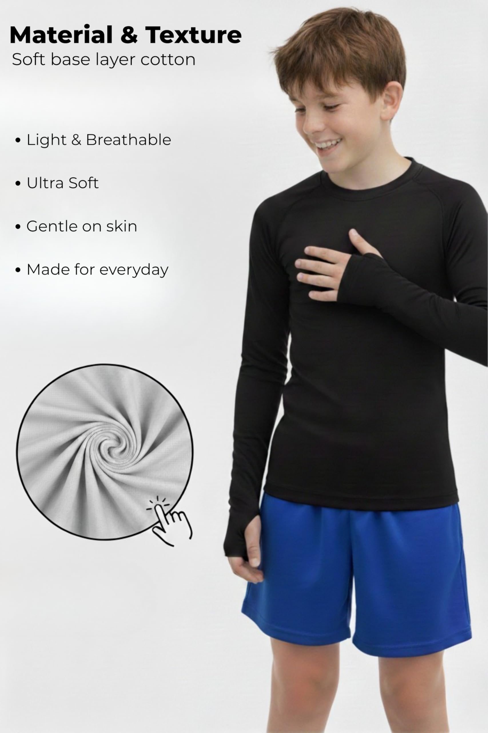 Re Tech UK - Couche de base en coton pour garçons avec trous pour les pouces - Peaux légères pour garçons - Haut thermique pour enfants - Sous-couche - Chemise à manches longues blanche ou noire