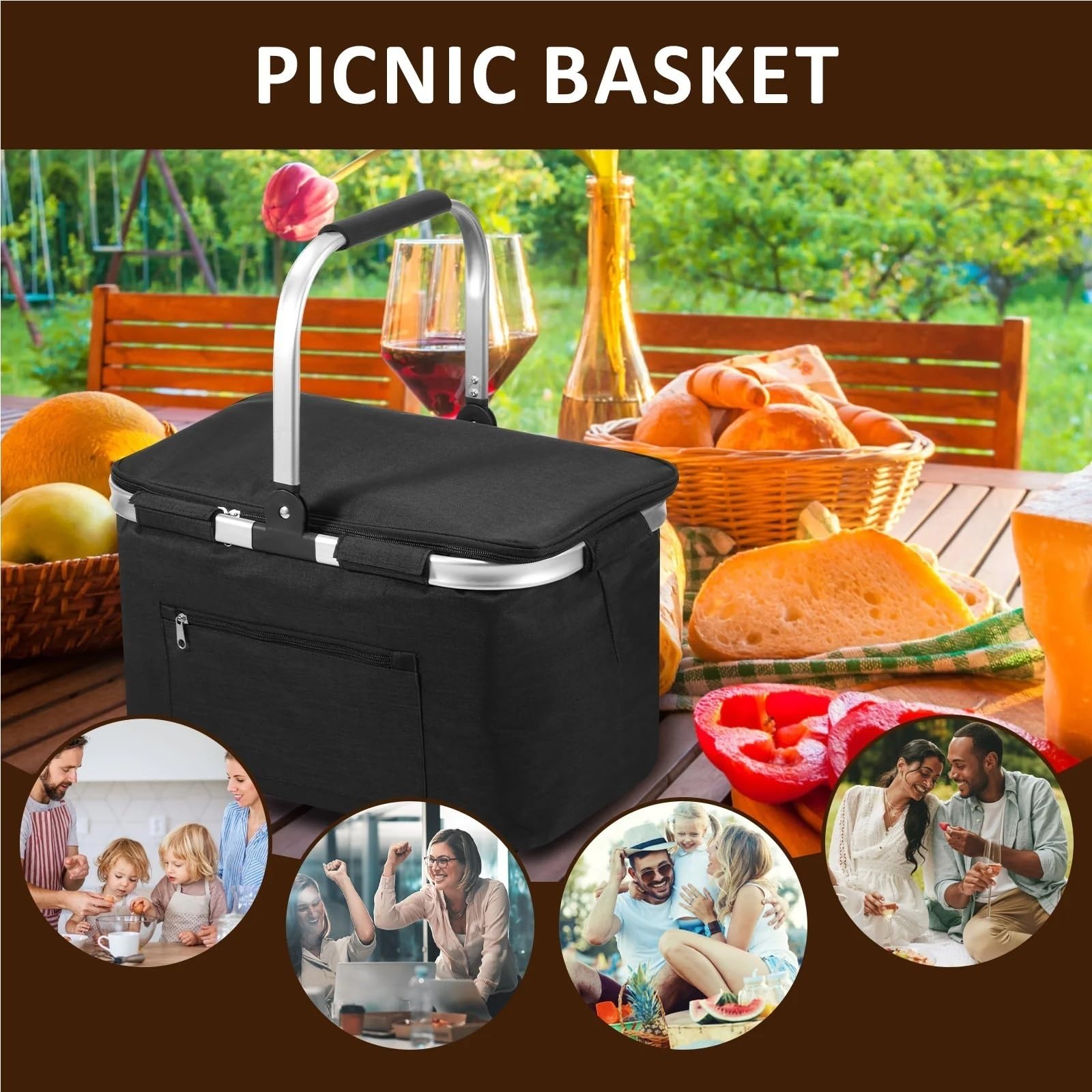 Cesta de Picnic portátil, Plegable, Aislante, con asa Acolchada y Tapa, Impermeable, for Viajes(Grey-1Pc)