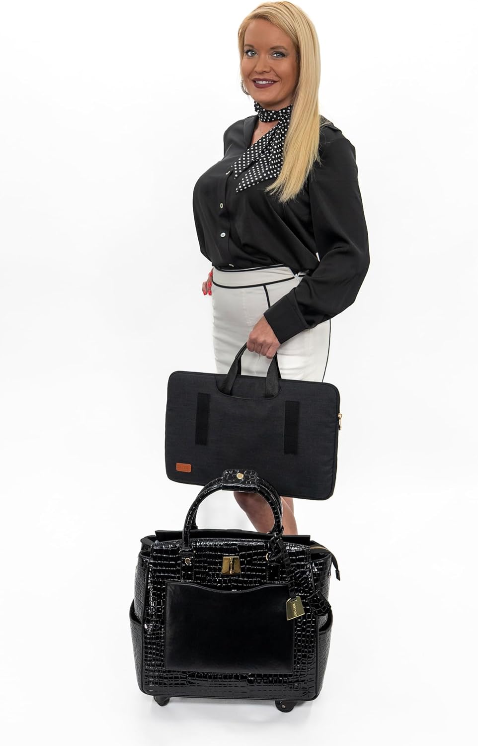 Rolling Laptop Bag for Women with Wheels & Handle Luxury Pure Leather Embossed Work Bag with Laptop Sleeve Travel Briefcase