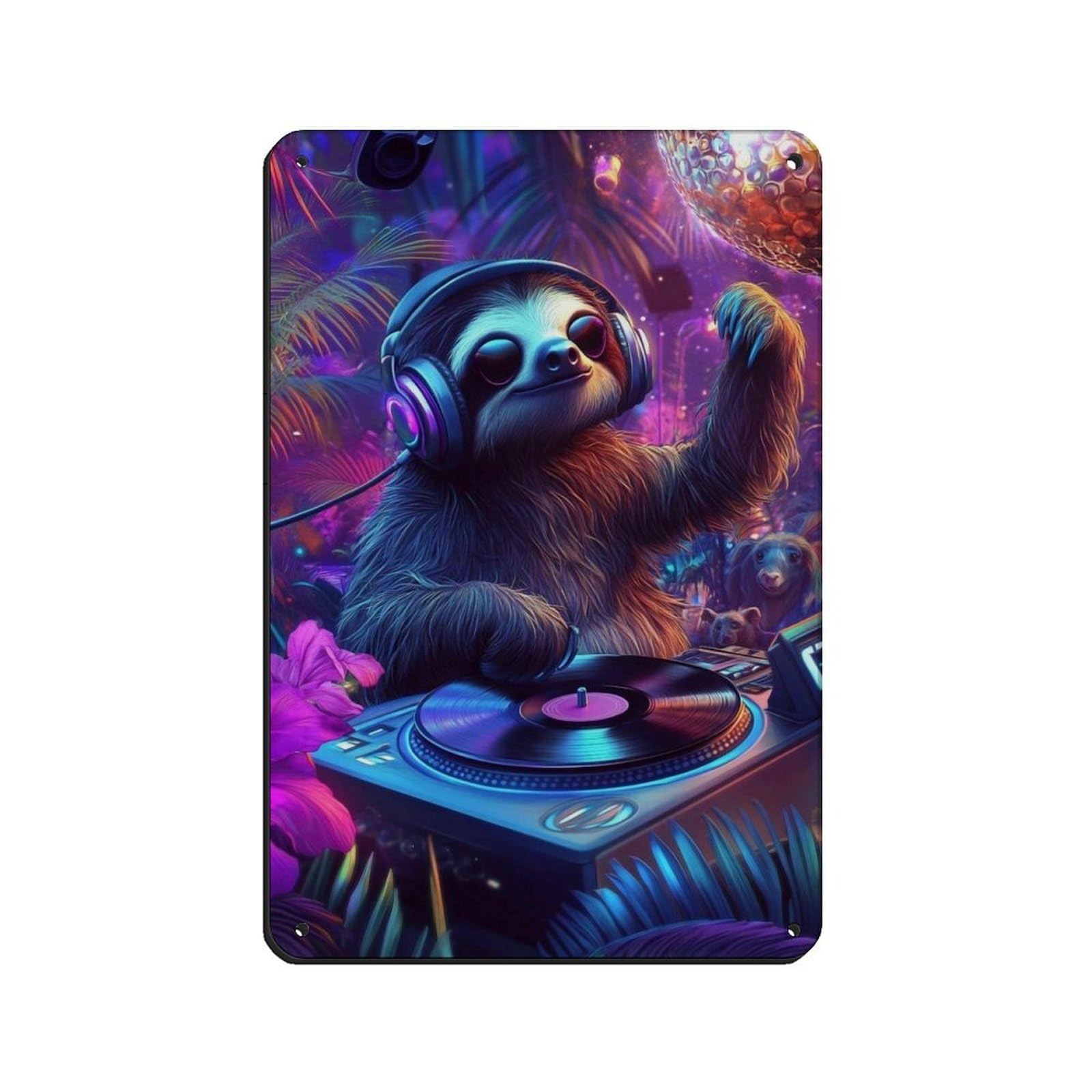 Lxwnze 20L X 30W Cm Dj Sloth, Cute Sloth Dj Poster Tin Sign Vintage Metal Pub Club Cafe Bar Home Wall Art Decoration Poster Retro 8X12inch(20X30cm)