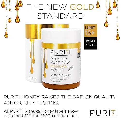 Miniatura 5 de PURITI Manuka Honey Pastillas UMF 12+ (paquete de 16) Manuka Honey UMF 15+  Sujeciones de garganta sin azúcar de primera calidad para tos y dolores