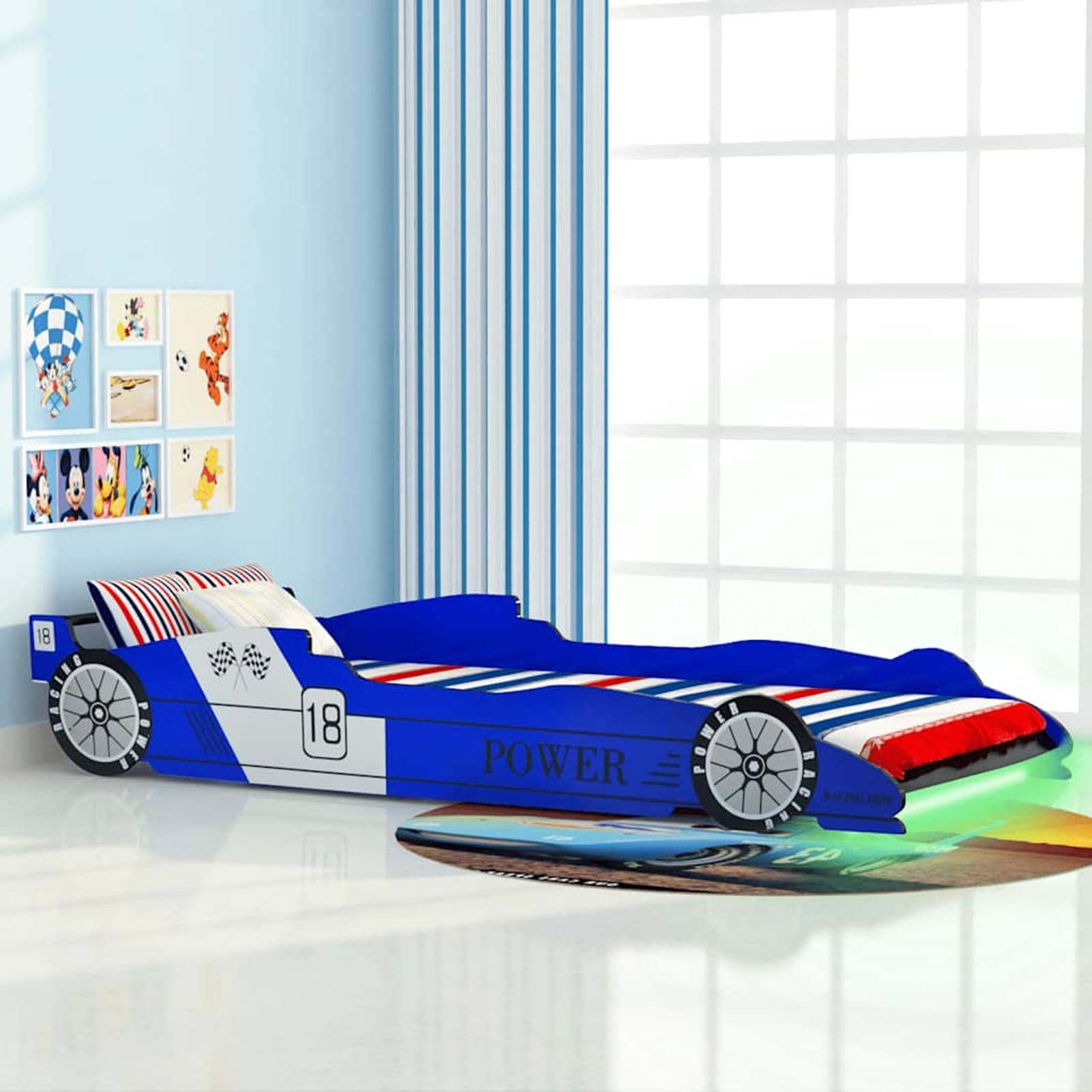 Gecheer Drap 60x120 lit Bebe,Drap Housse Bebe 60x120 Lit Voiture de Course pour Enfants avec LED 90 x 200 cm Bleu