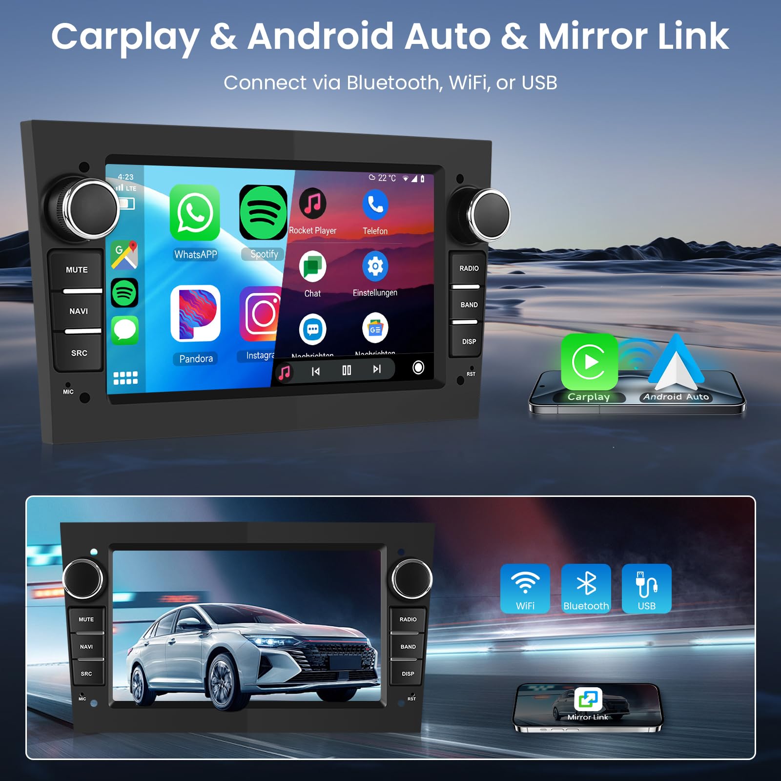 Hodozzy 2G+64G Android Radio para Opel Astra Corsa Antara Vauxhall Meriva Zafira Combo Signum Tigra 7 Pulgadas Pantalla Táctil con Carplay Android Auto 2 DIN Radio Bluetooth GPS,WiFi,FM/RDS,Cámara