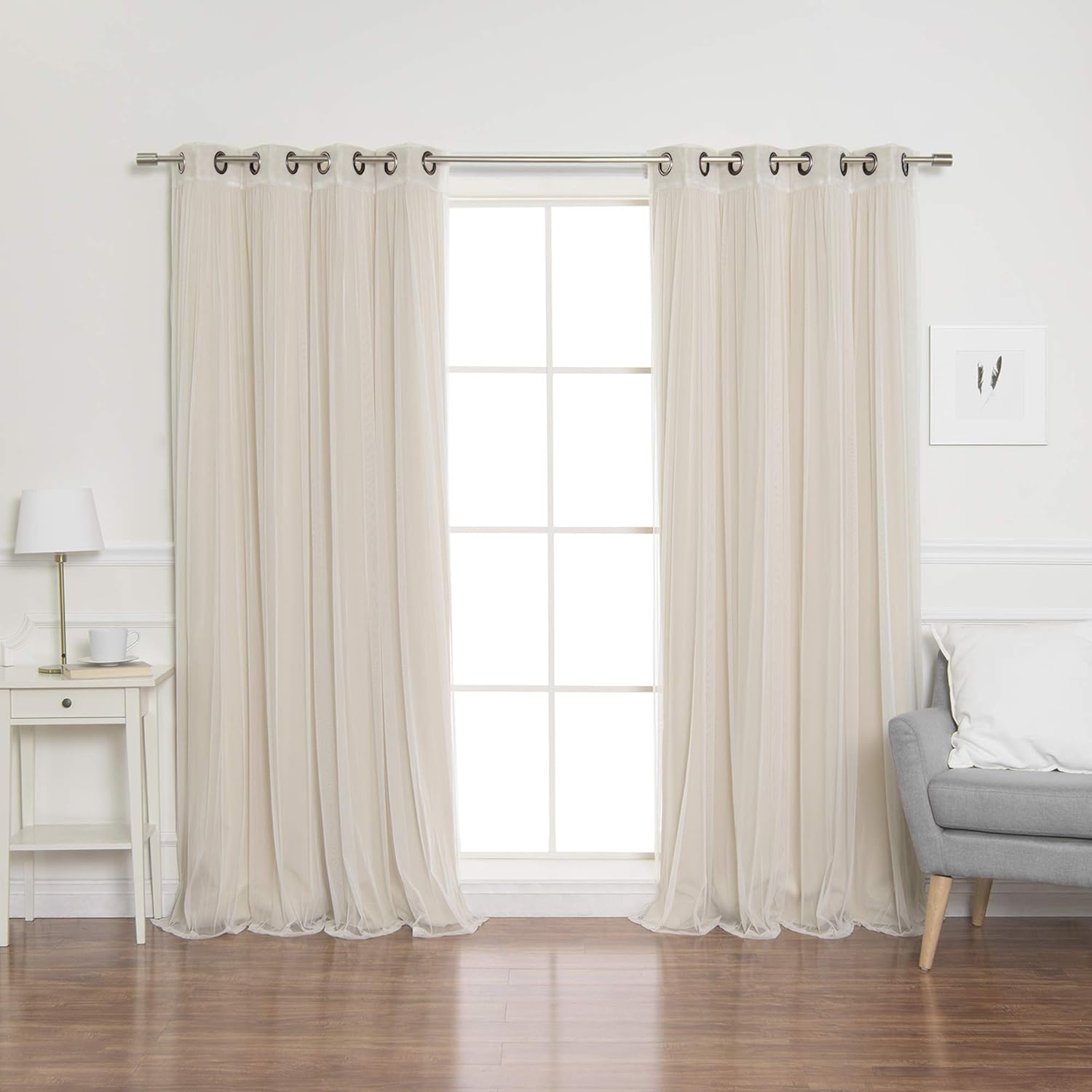 Best Home Fashion uMIXm Tulle Sheer Lace and Blackout 4 Piece Curtain Set – Antique Bronze Grommet Top – Beige – 52" W x 84" L – (2 Curtains and 2 Sheer Curtains)