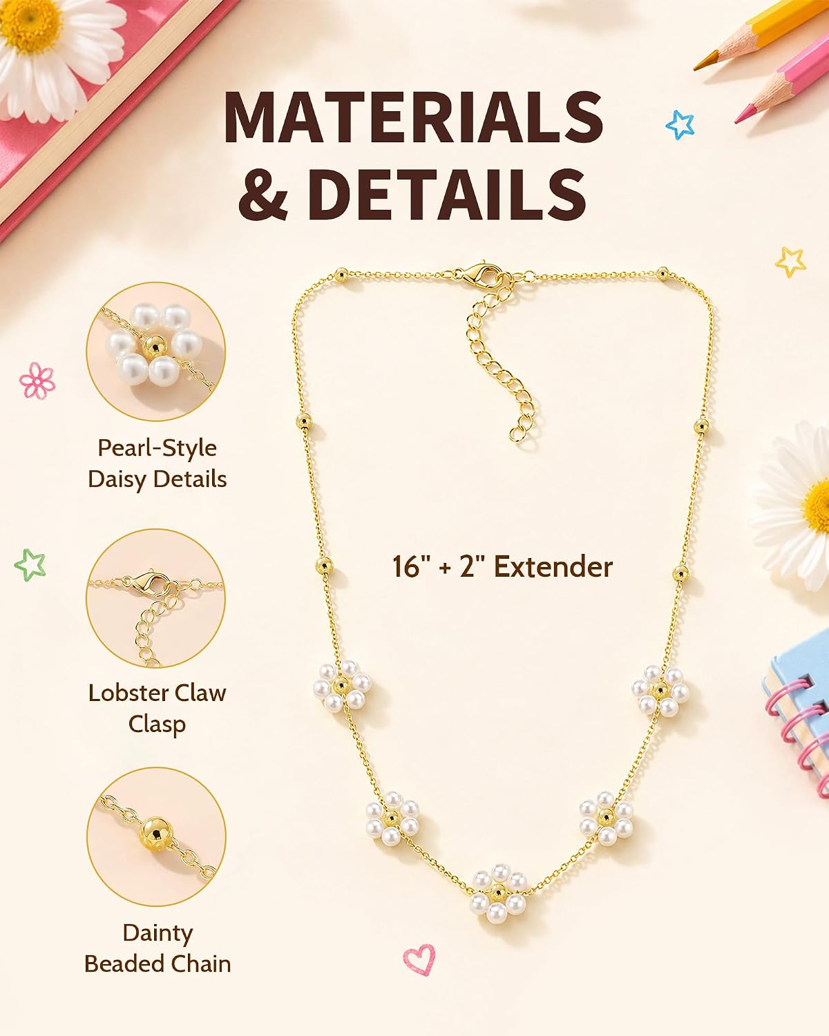 Eryuor New Beginnings, Daisy Necklace for Girls First Day of School Gifts