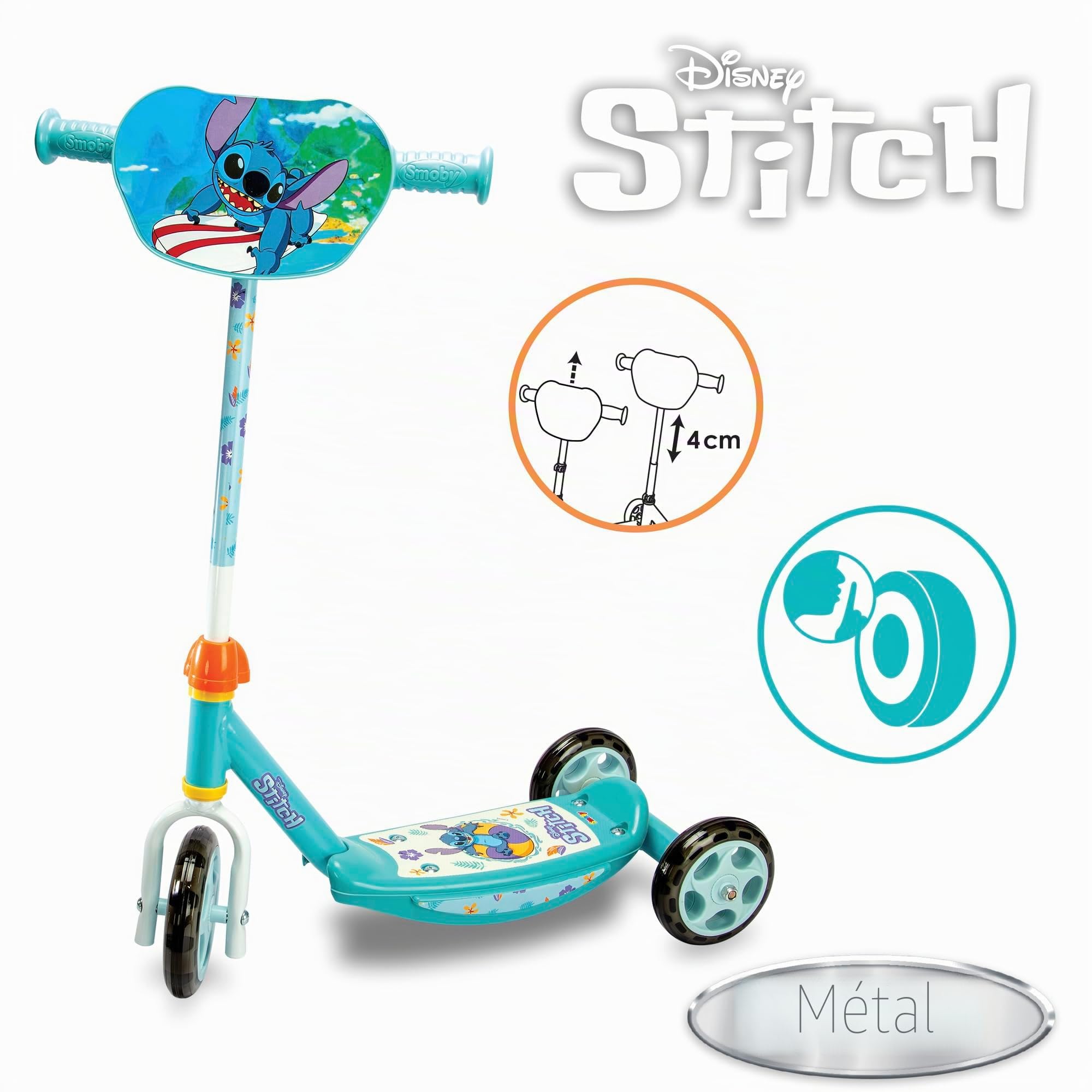 Smoby - Stitch - Patinette 3 Roues - Structure Métal - Guidon Ajustable - Repose-Pied Antidérapant - A Partir de 3 Ans - Poids Maximum 20 Kgs