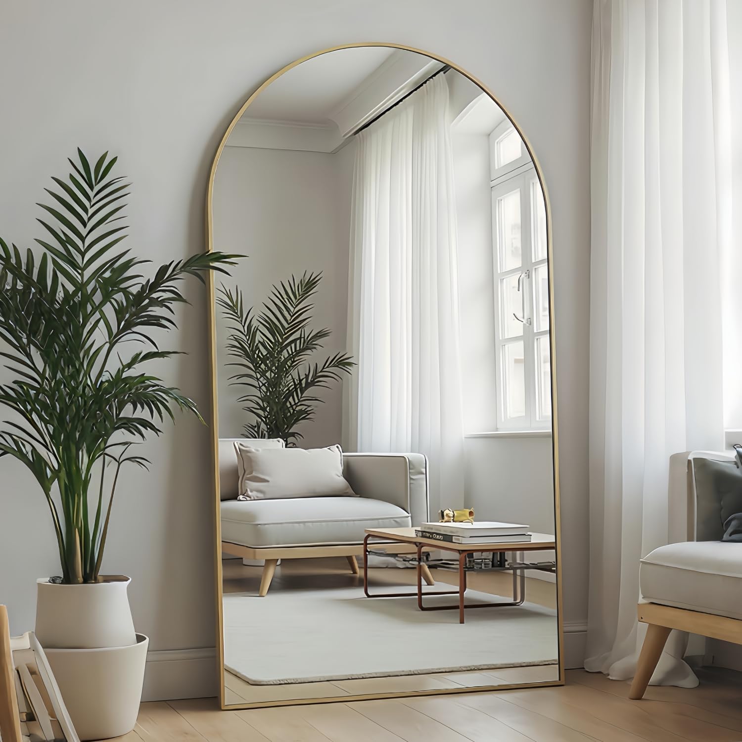 arched full length mirror, 76"x34" large floor mirror, full body mirrors for leaning or hanging, standing mirrors for bedroom, living room,dressing room, aluminum alloy frame, gold 76"l x 34"w gold