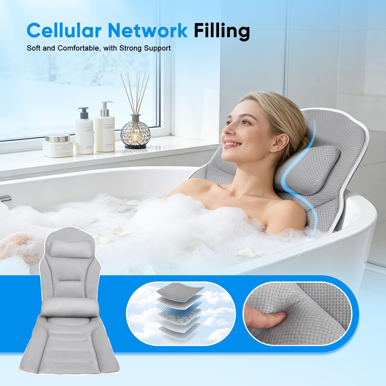 Badewannenkissen Ganzkörper 131 * 38cm, Badekissen mit Kopfstütze und Abnehmbares Taillenkissen, Kissen für Badewanne mit Hängehaken, Unterstützt Nacken Rücken, Schnelltrocknend, Hautfreundlich(Grau)