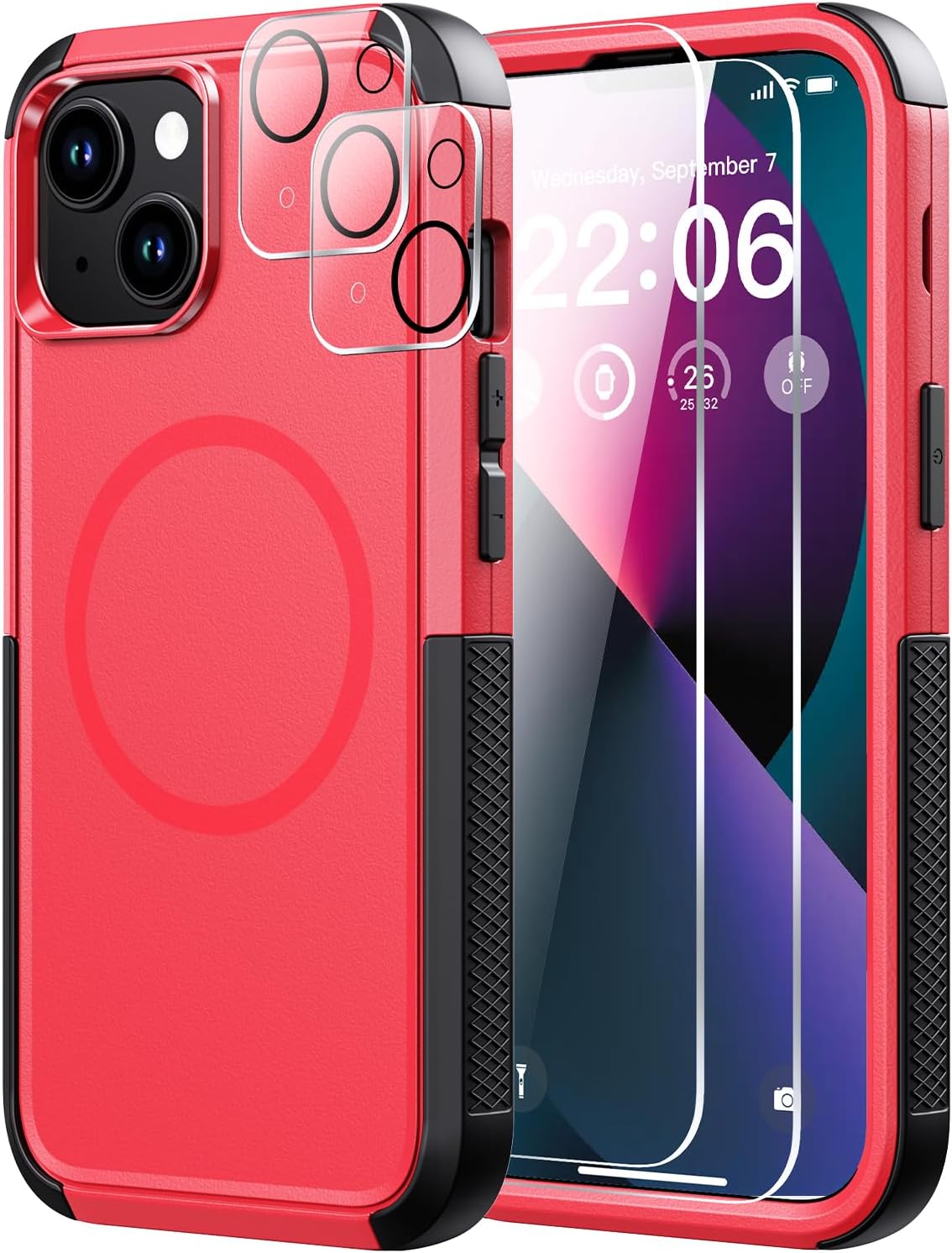 for iPhone 13 Case [Compatible with MagSafe] [with Screen Protector ] [Shockproof] [Dropproof] Heavy Duty Protection Phone Case for Apple i Phone 13 (Red)