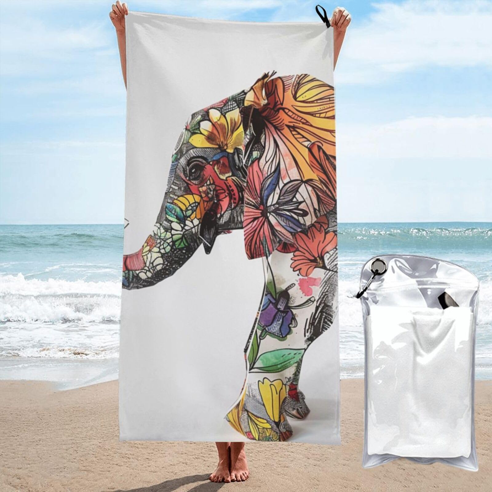 kkvhhyuo Microfiber Beach Towel, Elephant Printed Lightweight Quick Dry Travel Bath Sheet with Compact Carry Bag for Swimming Yoga Camping Gym,27.5"x55"