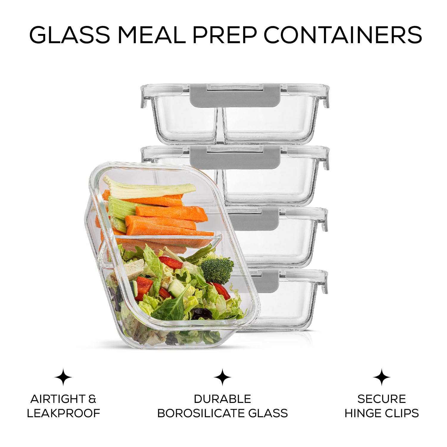 JoyJolt Recipientes divididos de almacenamiento de alimentos con tapas herméticas. Paquete de 5 recipientes de vidrio para preparación de comidas, juego de 2 compartimentos, caja bento de vidrio.