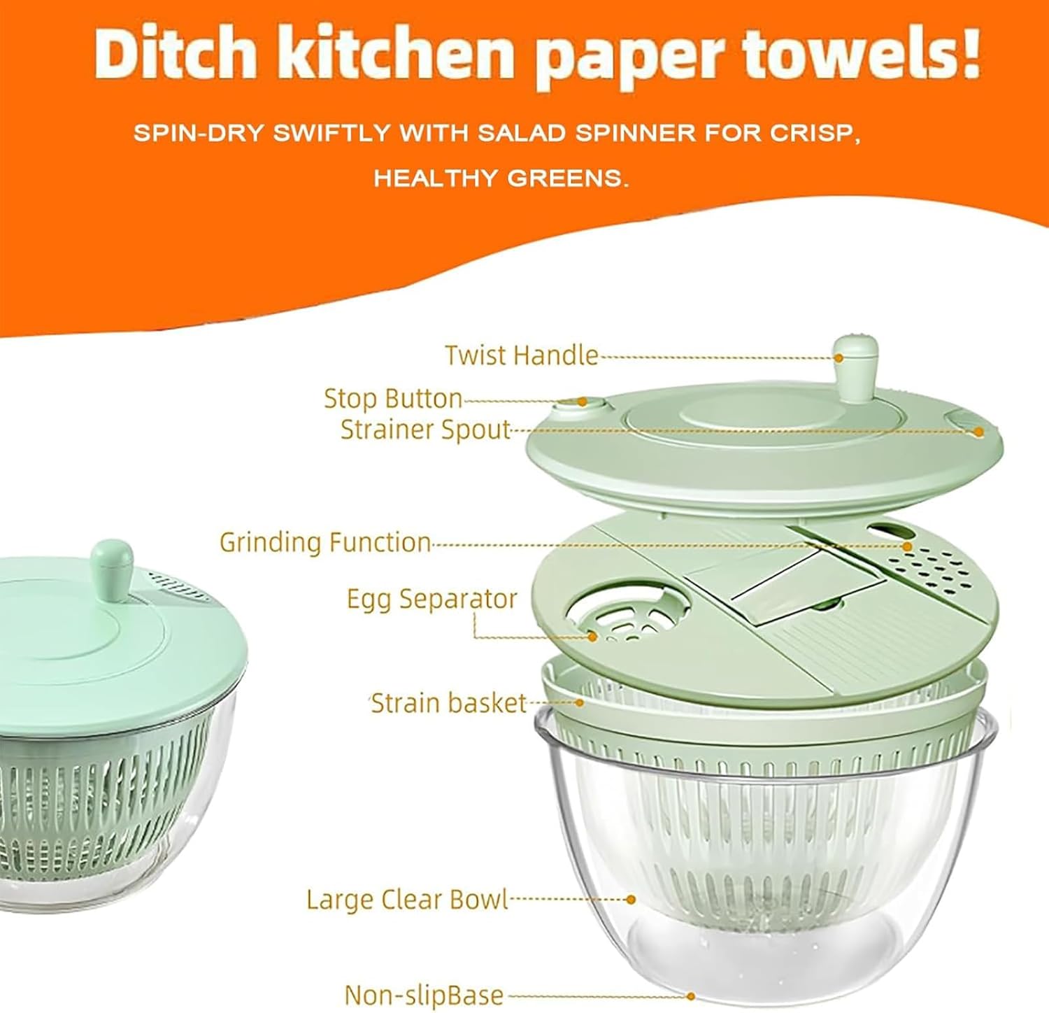 Hand-Cranked Fruit & Vegetable Dehydrating Basket, Slices, Shreds, and Spins Dry, with 6 Types of Cutter Heads, 5L Large Lettuce Washer, Manual spinning design helps remove moisture for quick (1 SET)
