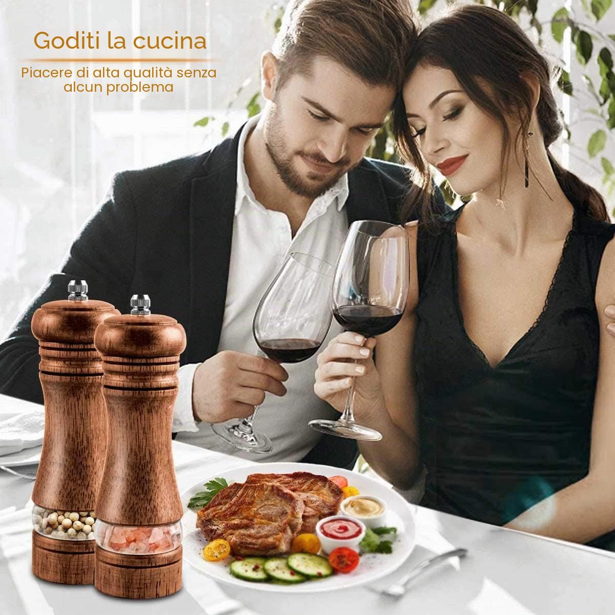 IAGORYUE Macina Sale e Pepe,Macinino Manuale per Pepe e Sale,Macinapepe Manuale per Legno con Grinder Regolabile in Ceramica(6.5 inch 2 Pack)