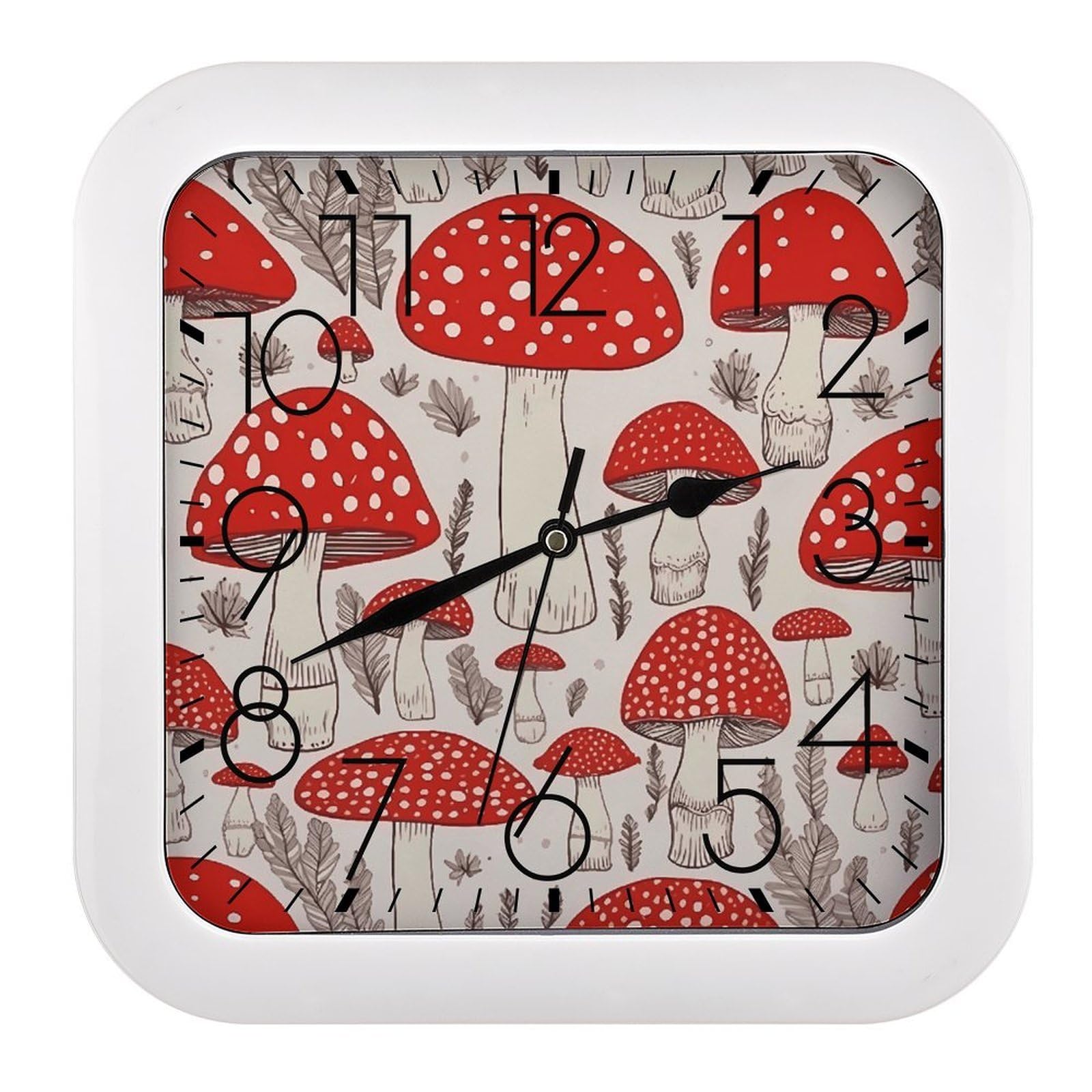 LZQPOEAS Red White Mushroom Square Wall Clock, 10.2 Inch Battery Operated Silent Non-Ticking Wall Clock, Square Analog Decorative Clock for Home Wall Art, Living Room, Bedroom, and Office