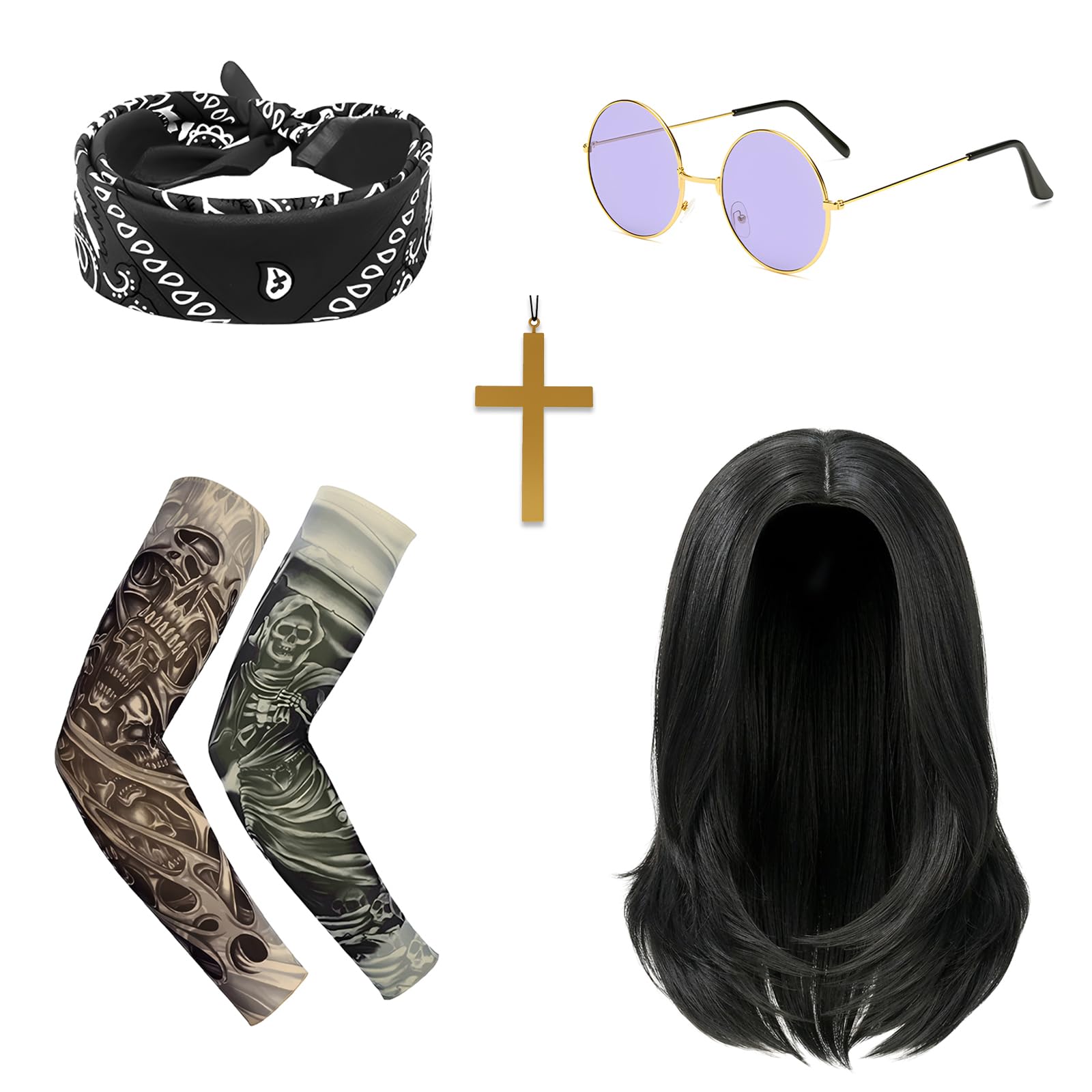 Athora 5Pcs Rock Star Fancy Dress Accessories Set for Adults, Prince of Darkness Costume with Long Black Wig, Cross Necklace, Sunglasses & Tattoo Sleeves, 70s 80s Music Themed Fancy Dress