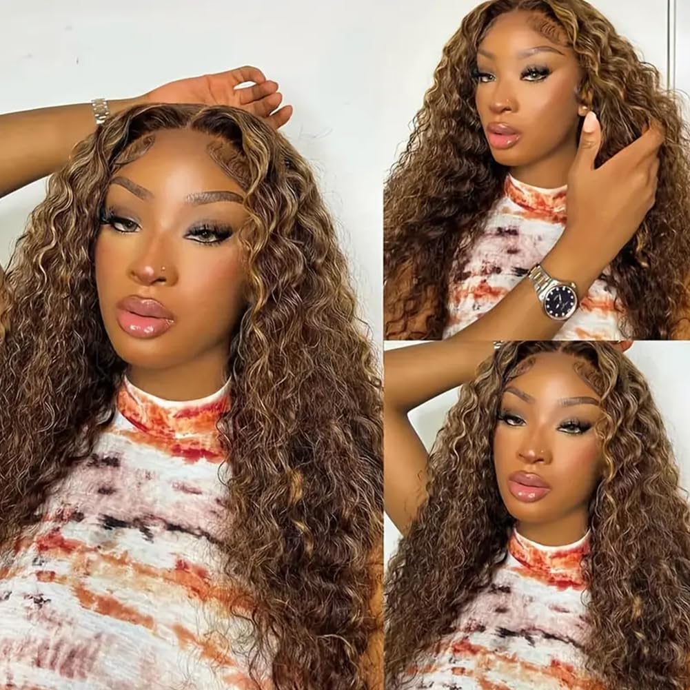 Highlight Ombre 13x4 HD Lace Front Human Hair Wig 24 inch 4/27 Deep Wave 180% Density Honey Blonde Curly Glueless Lace Frontal Wig For Women Pre Plucked with Baby Hair