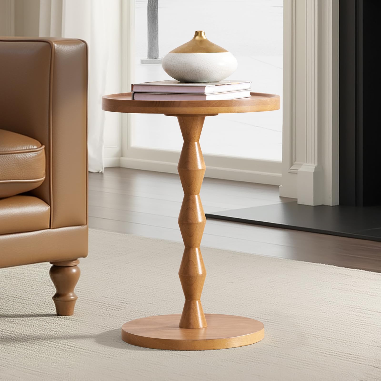 HULALA HOME 17" Solid Wood Round Side Table, Small Accent Drink Table with Wooden Base, Vintage Coffee Table for Small Spaces, Pedestal End Tables for Living Room, Bedroom, Corners, Office, Patio, Oak