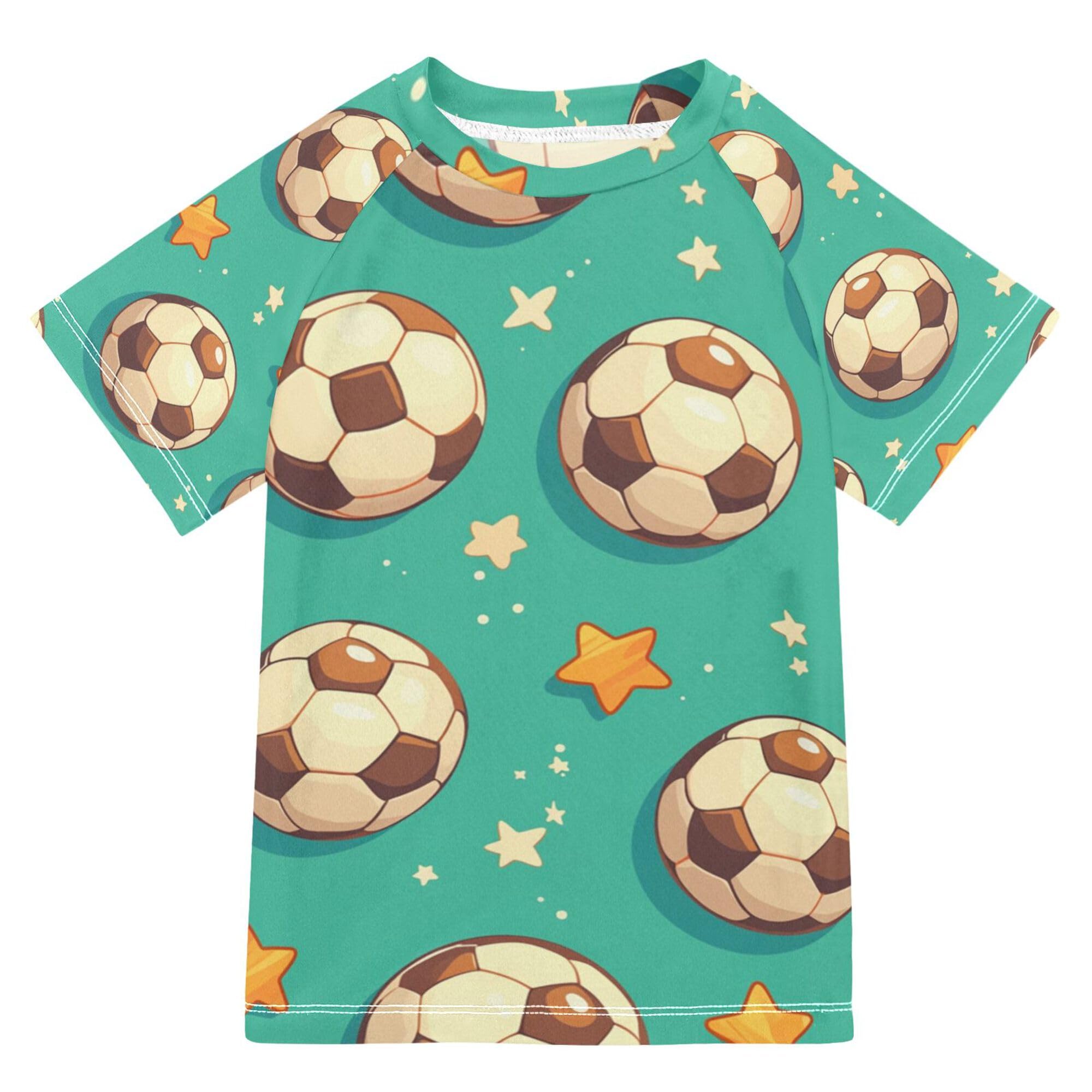 Cartoon Footballs Stars Green Girls Bathing Suit Sun Protection Rash Guard for Girls Swimwears Summer Clothes for Big Boys 11-12Y