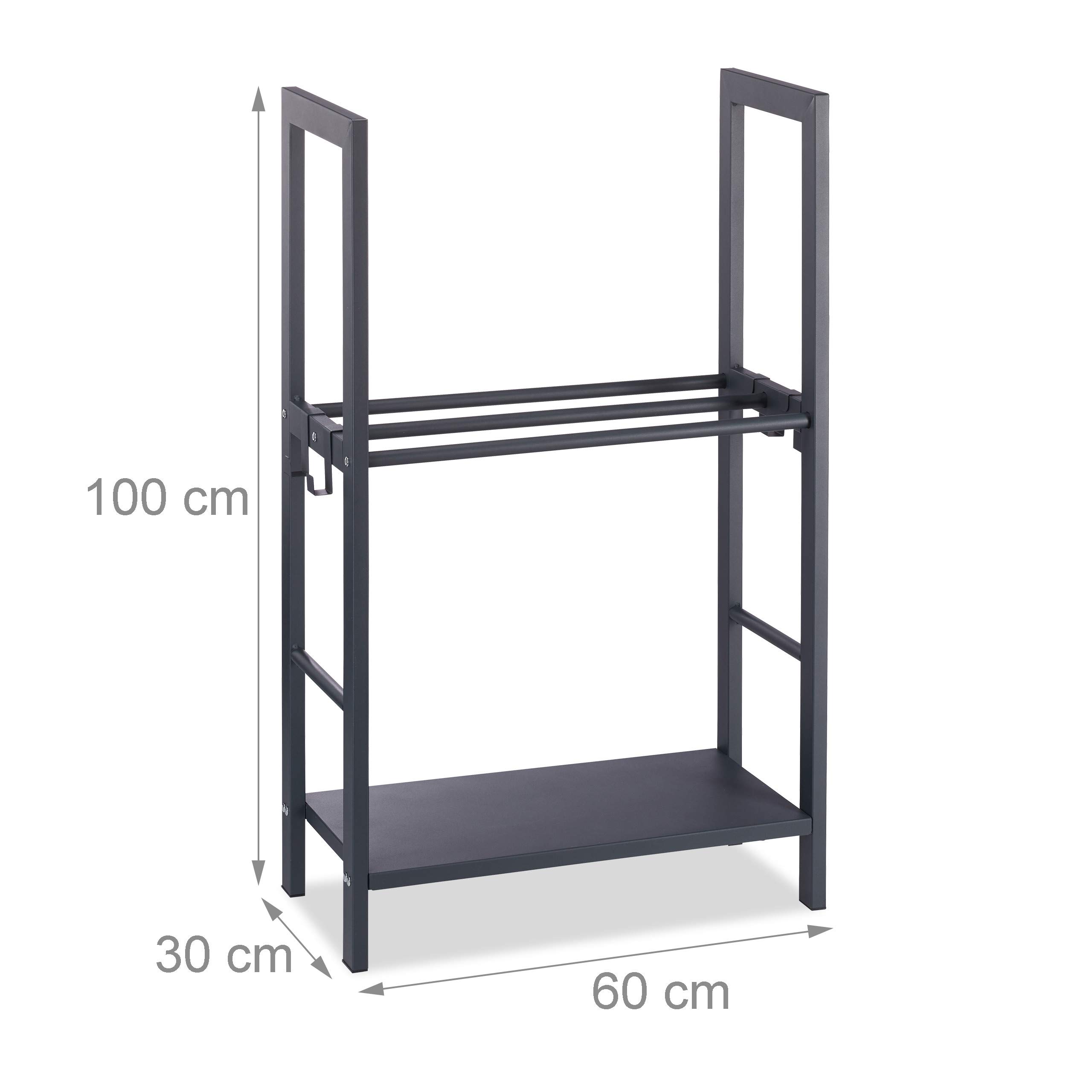 Relaxdays Scaffale Porta-Legna con 2 Ripiani, 100 x 60 x 30 cm, 4 Ganci per gli Accessori da Camino, Acciaio, Antracite