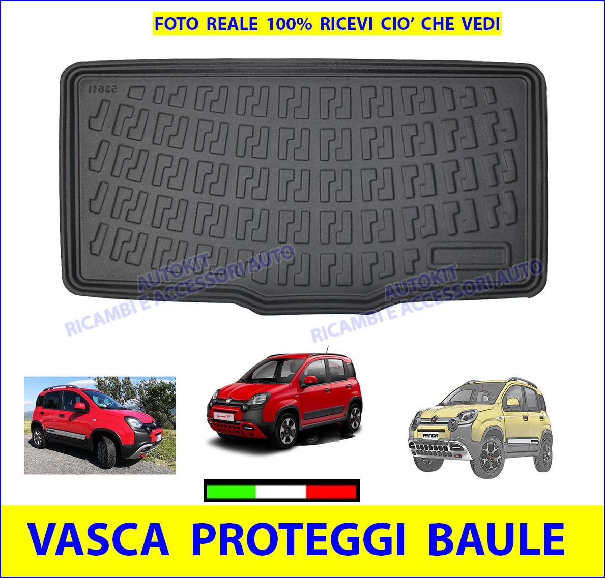 Vasca Baule Specifica per Panda 312 e 319 tutti i modelli prodotti dal 2012 in poi Proteggi Bagagliaio auto con Bordino rialzato 3D lavabile - 8020684