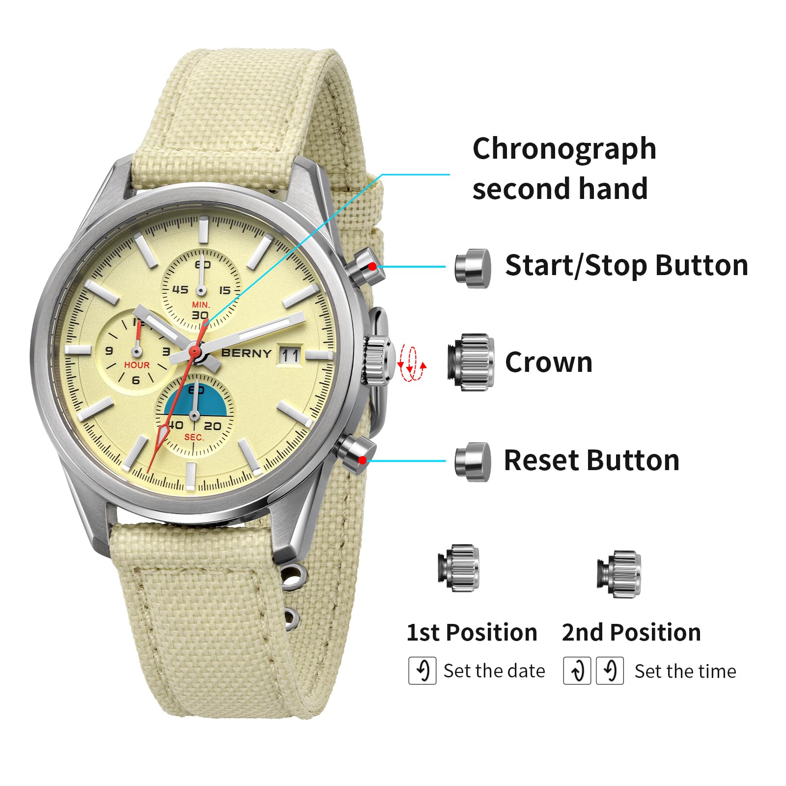 BERNY Reloj cronógrafo para hombre, resistente al agua hasta 50 m, reloj de cuarzo analógico masculino, reloj de pulsera multifunción, cronómetro AR cristal de zafiro