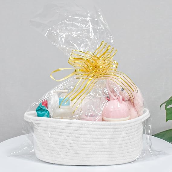 ABenkle Small Basket with Handles, Boho Decorative Rope Woven Dog Cat Toy Storage Bin Shelf Storage Organizer, Easter Christmas Gift Basket, 12x8x5, White