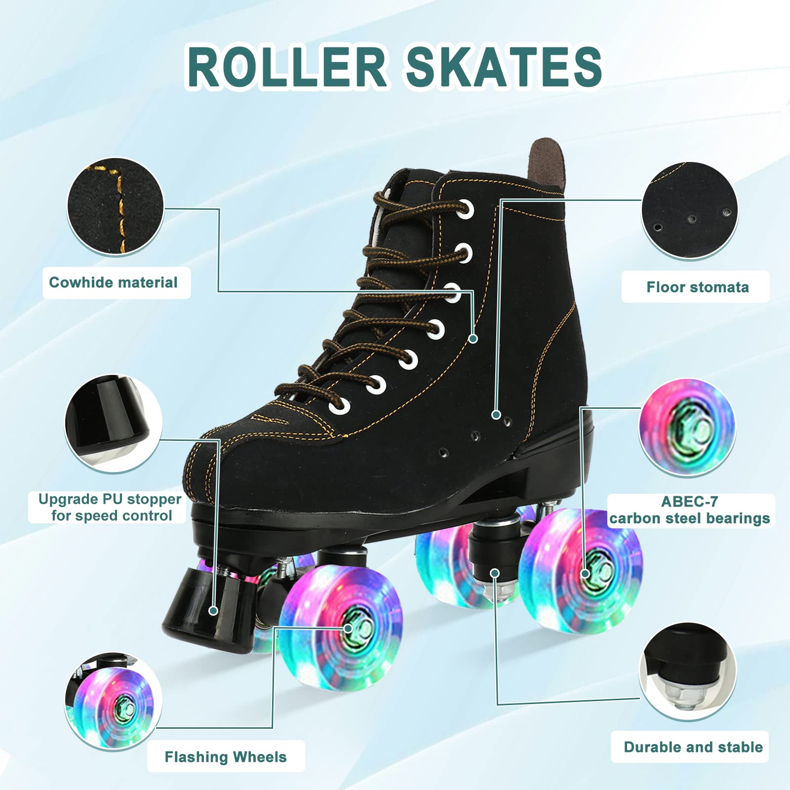 jessie Roller Skates Women High Top Cowhide Adjustable Shiny Light up Four-Wheel Women Roller Skates Adult Boys Girls with a Shoe Bag Indoor Outdoor Roller Skates(Women Size 6.5 / Men Size 5)