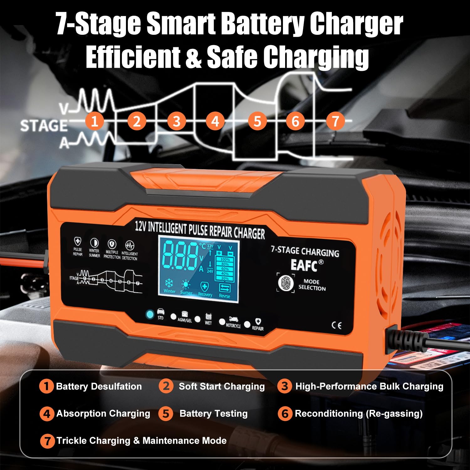 EAFC Caricabatterie per auto da 12 V 12 A e mantenitore della batteria, caricatore automatico a 7 stadi con modalità di riparazione, display LCD e compensazione della temperatura per batterie AGM, GEL