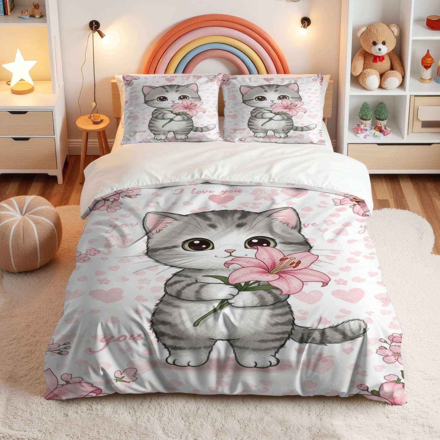 Juego de funda de edredón floral con diseño de gato gris y blanco, bonito estilo de dibujos animados para niños y mujeres jóvenes (01, King 240 x 220 cm + 65 x 65 cm x 2)