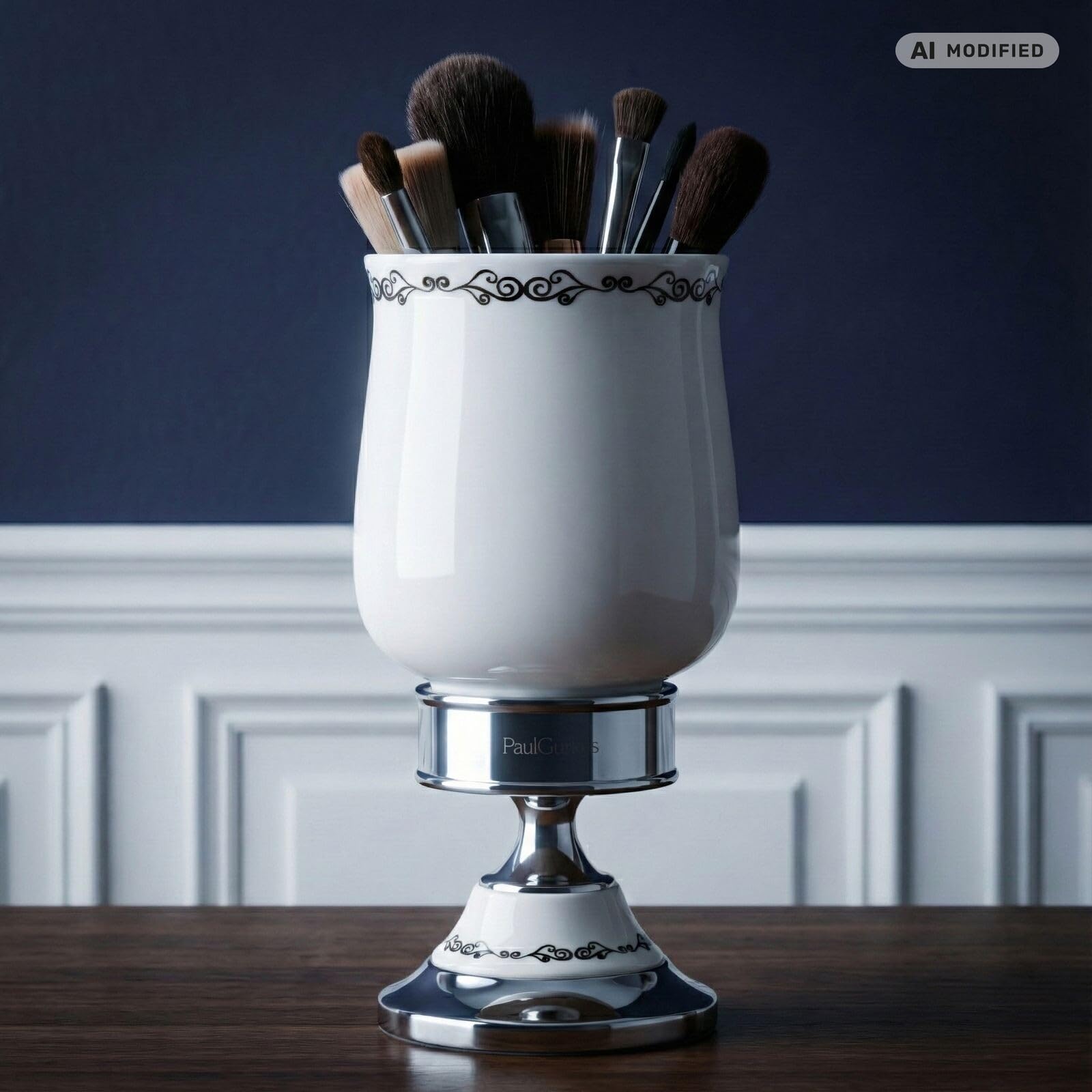 Organizador de Maquillaje Grande, Taza de Cerámica, Latón Macizo Cromado, Base Antideslizante, Accesorios Baño, 1 Unidad, Línea COSMOS