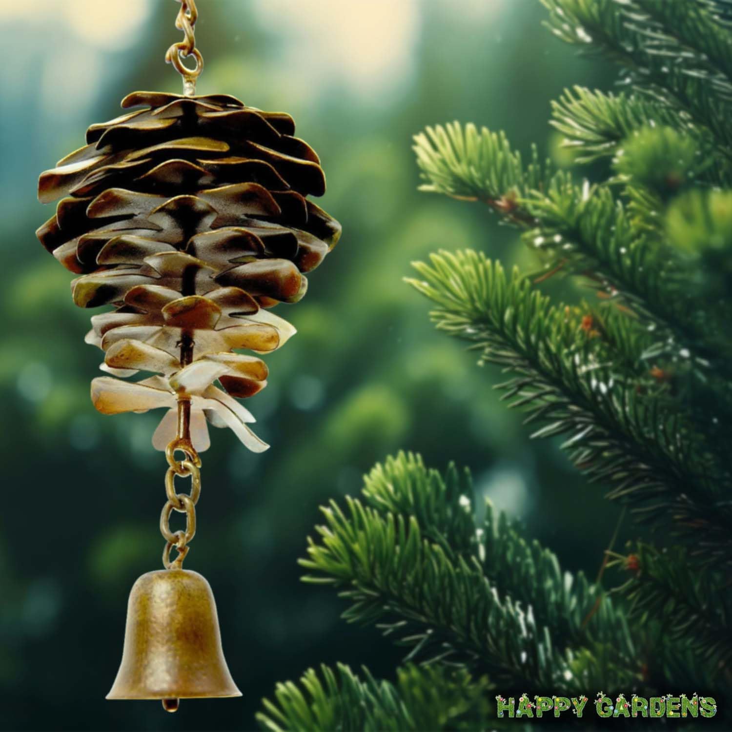 Happy Gardens Pine Cone Ornament with Bells | Bronze Metal Fall Wind Chimes, Pine Cones Decorations | Decorative Hanging Ornaments, and Garden Decor