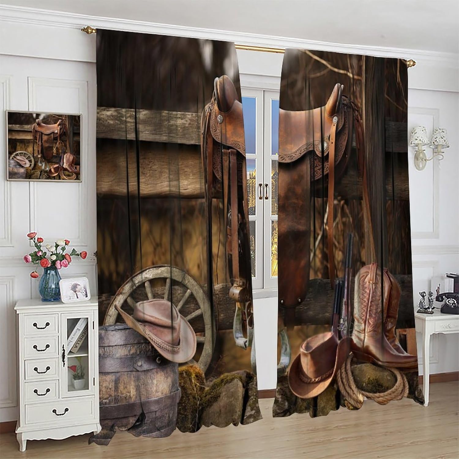 Brebasf Western Cowboy Curtains for Living Room Retro West Traditional Style Barn Door Wooden Board Cowboy Theme Thermal Insulated Rod Pocket Blackout Curtains/Drapes 2 Panels 63" L x 31.5" W