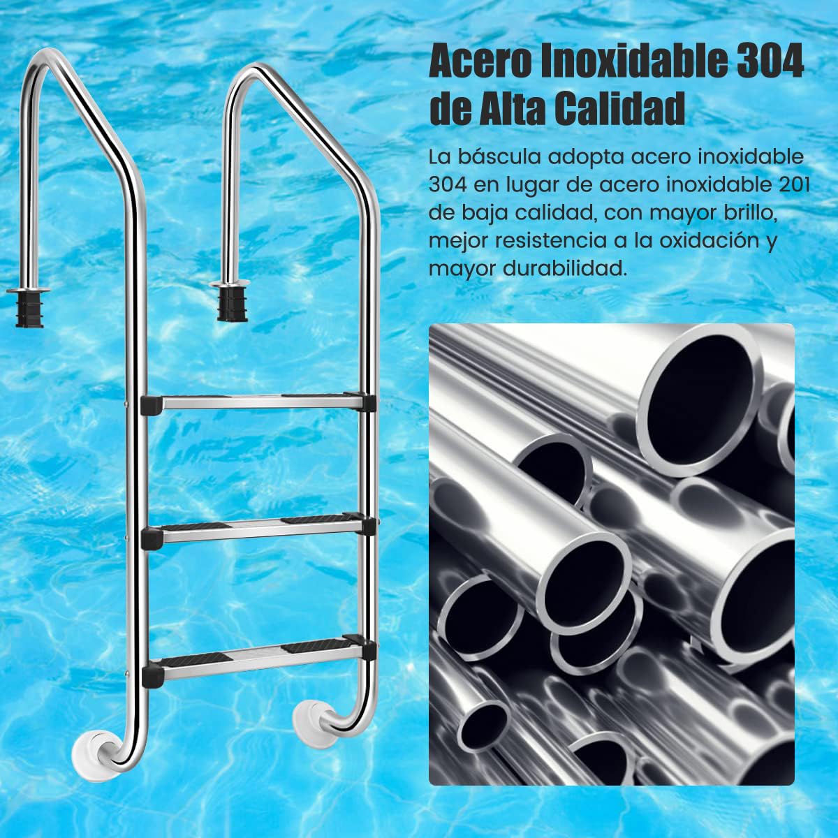 RELAX4LIFE Escalera de Piscina de Acero Inoxidable de 3 Peldaños con Pasamanos, Escalera de Entrada de Piscina con Almohadillas Antideslizantes, Carga 150 kg, 63x53x147cm (Plateado)