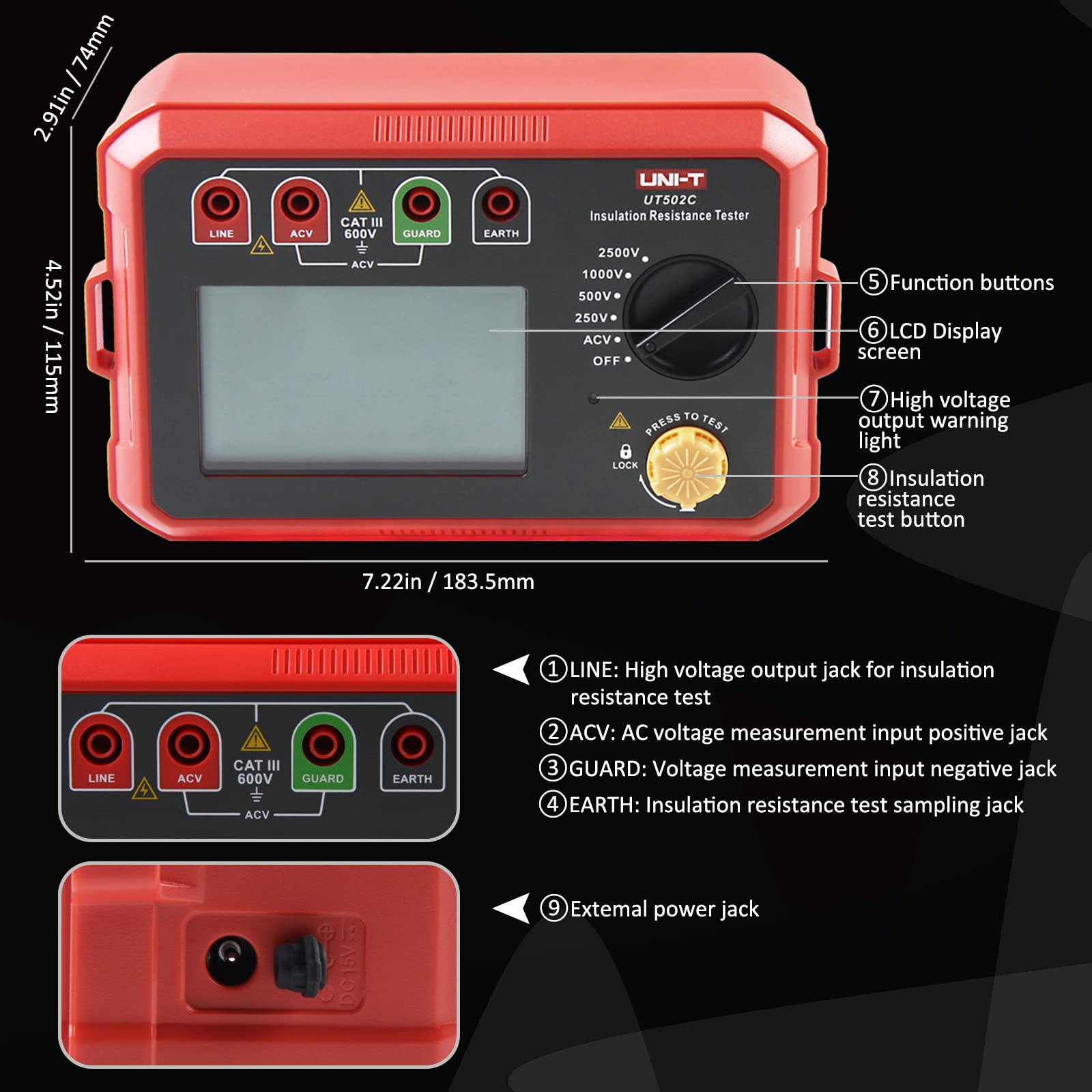 UNI-T UT502C Resistenza di Rsolamento del Display Digitale Intelligente 2500V 20.0GΩ, Gamma Automatica del Tester di Isolamento Dell'interruttore del Motore Megaohmmetro con Retroilluminazione