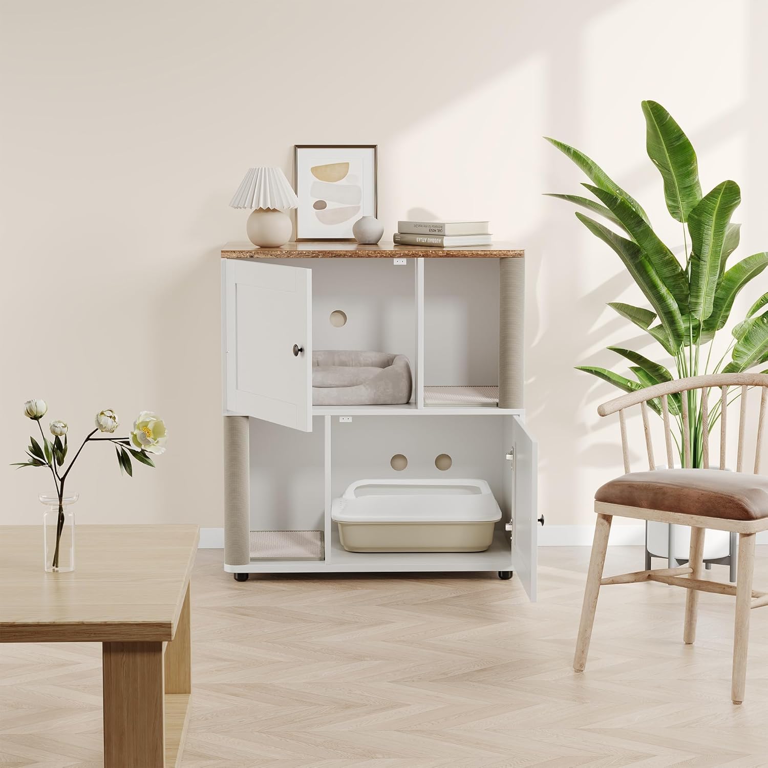 Double Cat Litter Box Furniture Enclosure, Hidden Cabinet for 2 Cats - Modern Farmhouse Wooden End Table with 2 Scratch Mats & Scratch Post