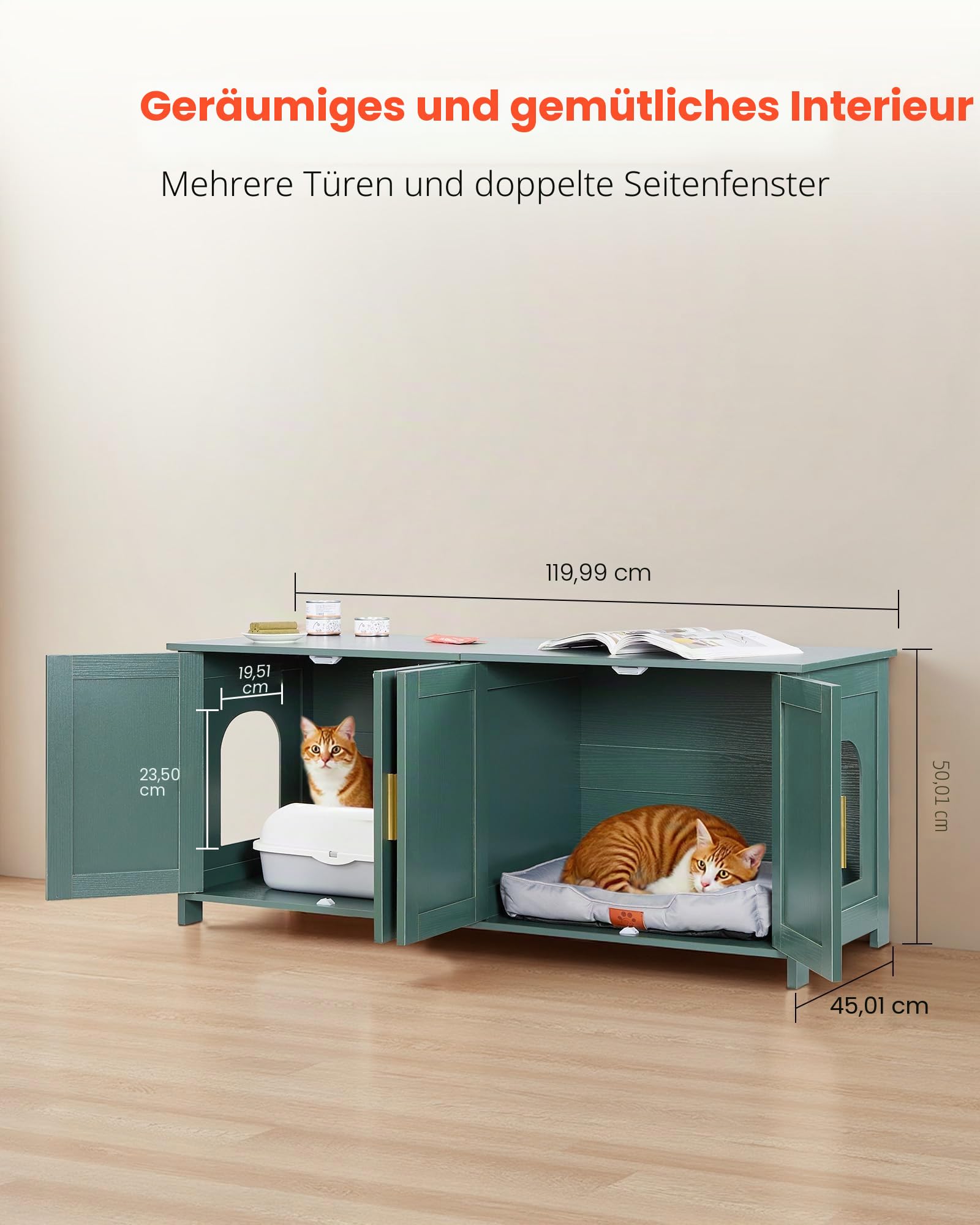 VEVOR Katzenschrank, 1200x450x500 mm, Katzentoiletten mit 4 Türen & 2 Eingängen, Katzenklo Schrank für den Innenbereich, Katzenhaus aus Holz, passend für die meisten Katzentoiletten, grün