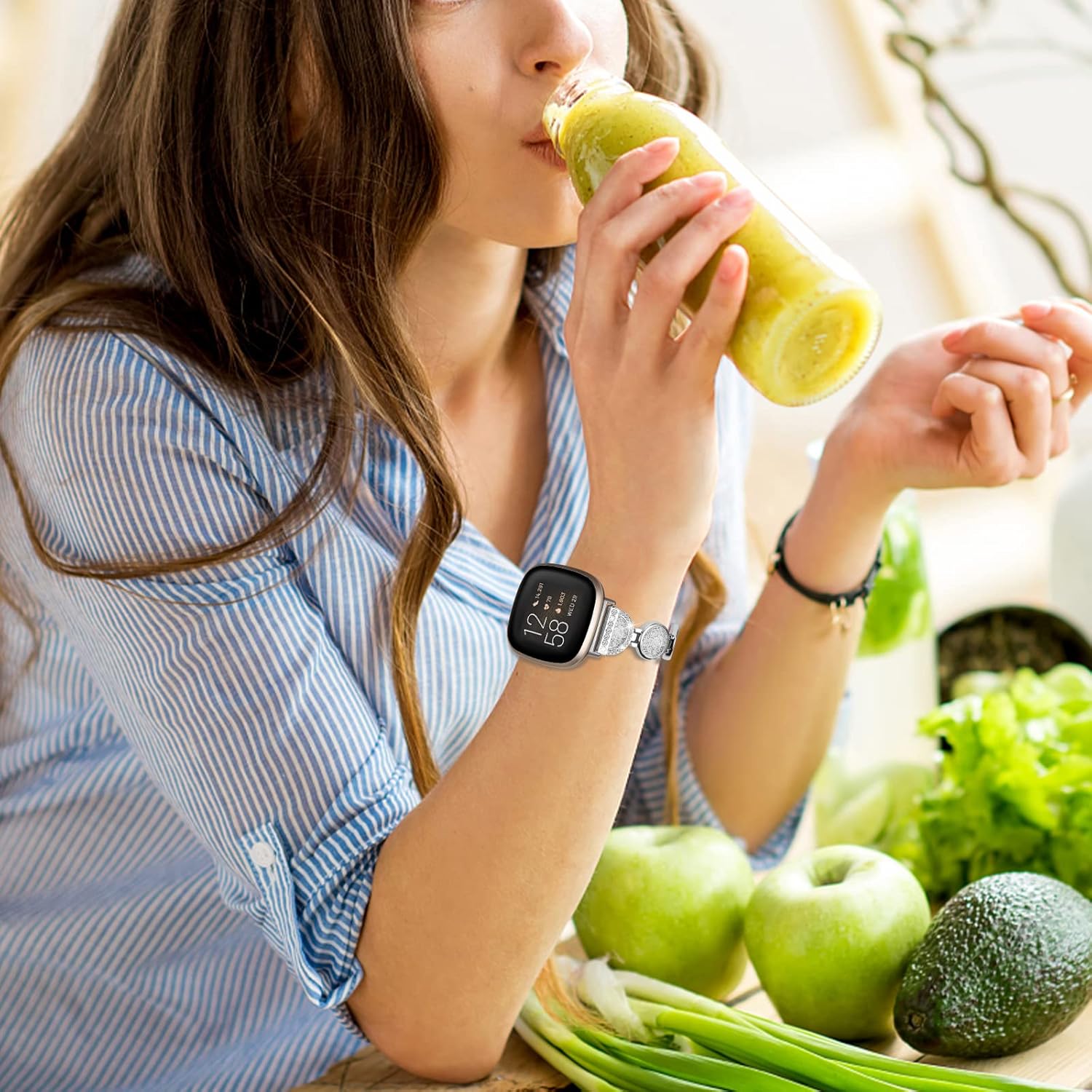 FitTurn Jewelry Bling Bands Compatible with Fitbit Versa 4/Sense 2/Versa 3/Sense Band for Women Men, Replacement Diamond Jewelry Metal Wristband Sparkle Design Elegant Strap for Versa 4 Smart Watch Accessories - Image 5