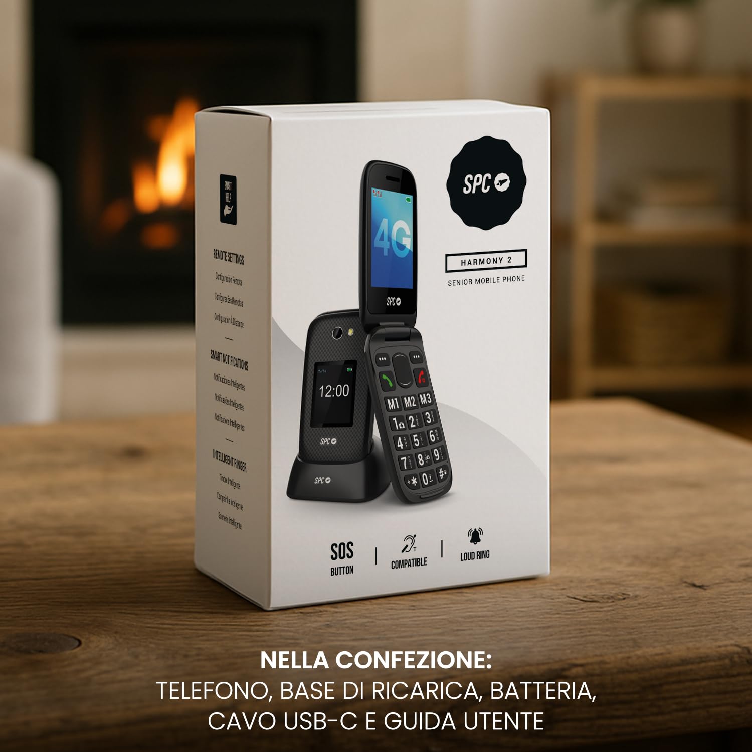 SPC HARMONY 2 - Cellulare senior, tasti molto grandi, 4G, Nero | Doppio display antigraffio (2,8"+1,77"), base, SOS, suoneria 104dB, compatibile con apparecchi acustici