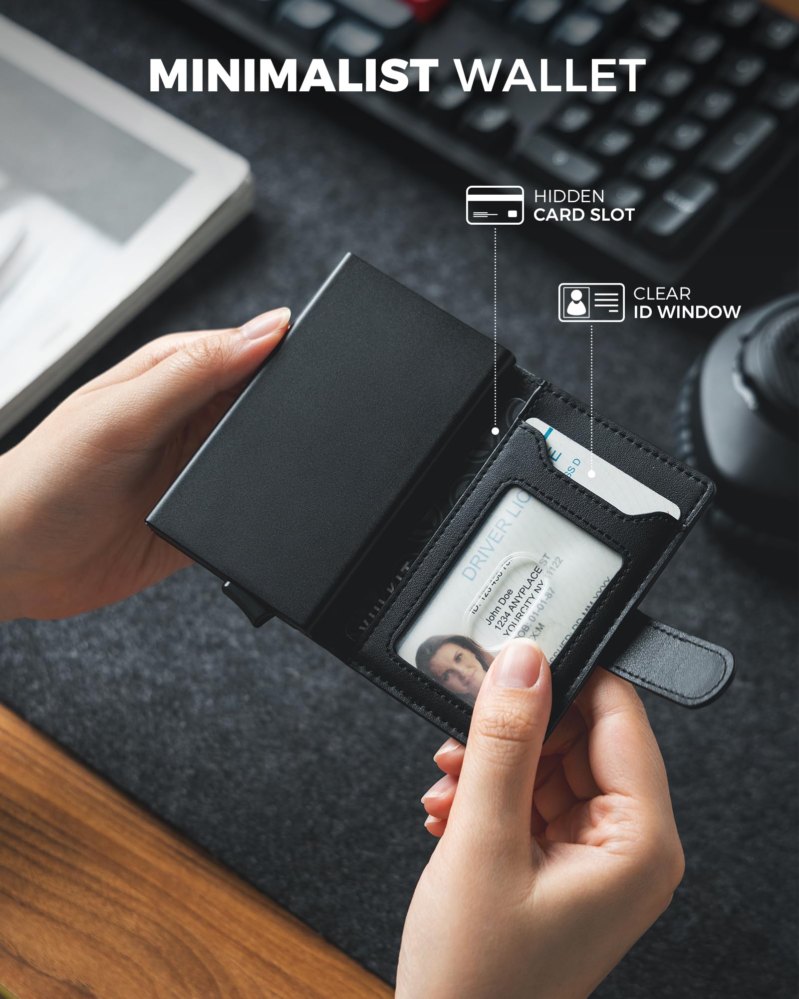 VULKIT Porte Carte Homme RFID avec Magnétique Petit Portefeuille Homme Cuir Porte Carte Bancaire avec 3 Fentes et 1 Fenêtre ID, Noir