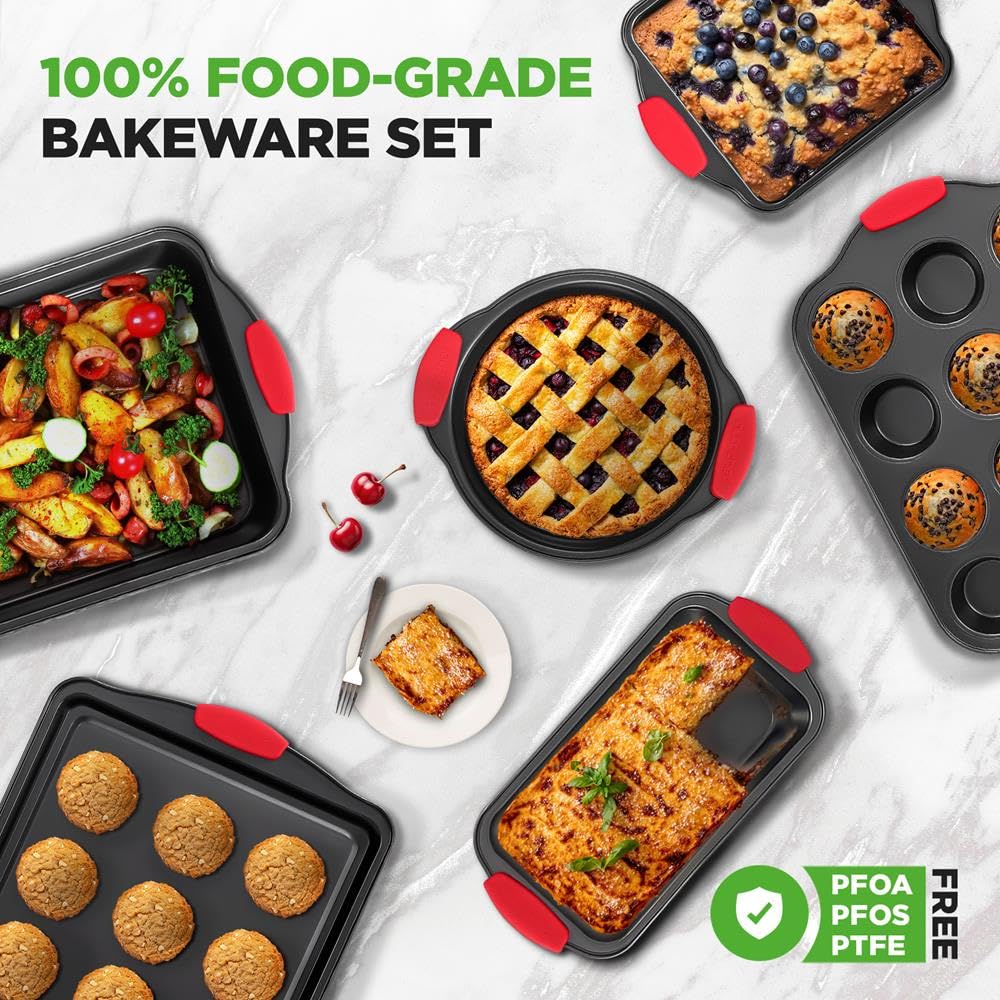NutriChef Juego de bandejas para horno antiadherentes, juego de 6 bandejas de horno, incluye bandejas de galletas para hornear, molde para pan, moldes para magdalenas, molde para pasteles, negro con