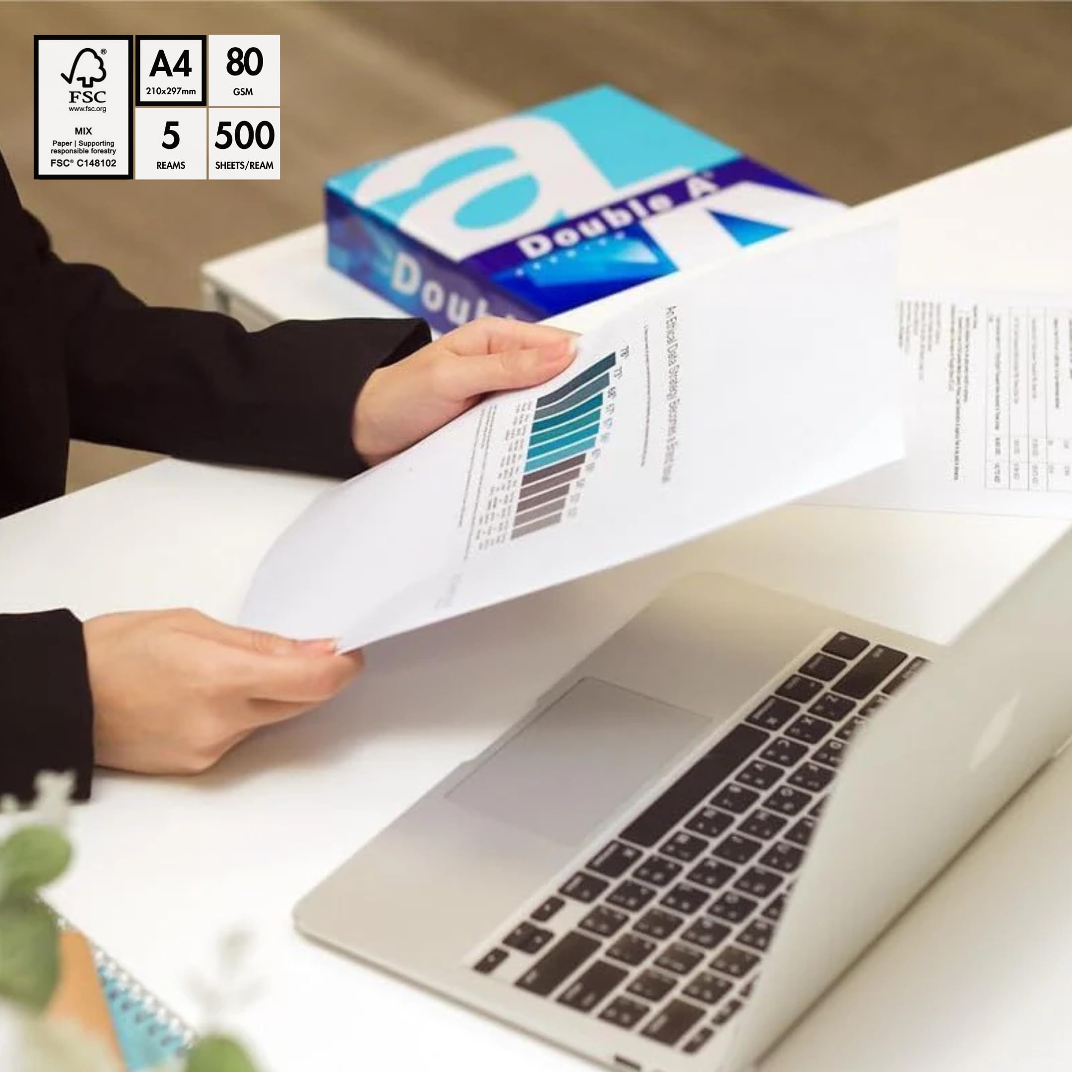 Double A Printbox - Papel para impresora (80 g/m², A4, 2500 hojas), color blanco