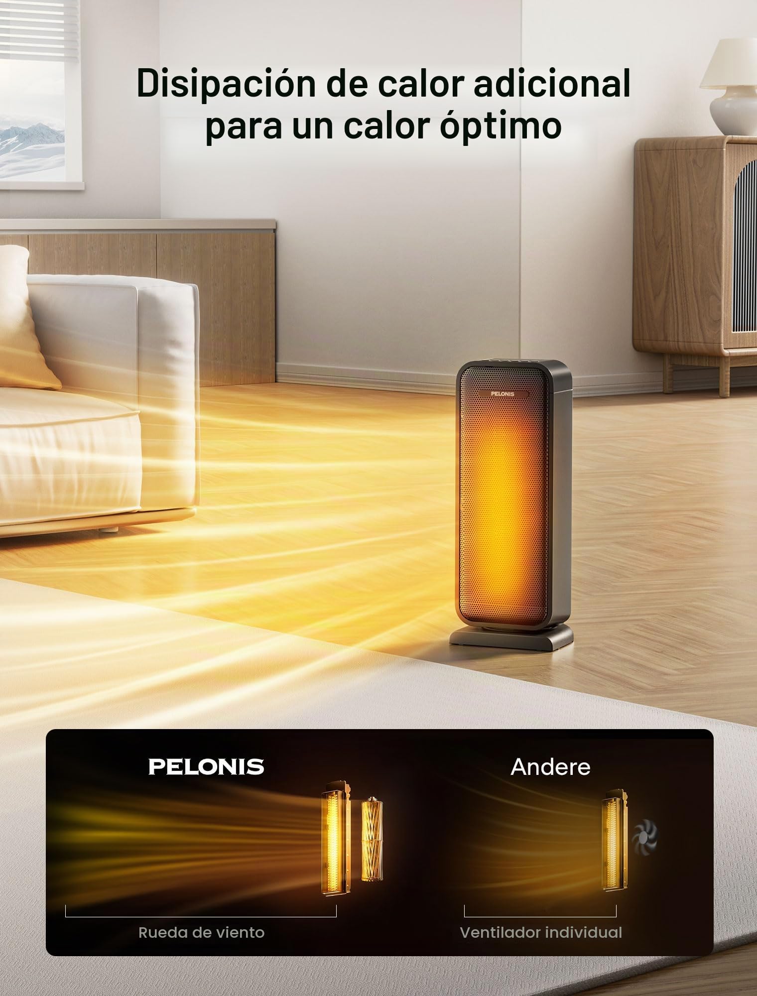PELONIS Calefactor Eléctrico 2000W Eficiente, Calefactor de Ambiente Compacto Portátil, Cerámica, 2 Ajustes de Termostato, Temporizador 12H, Protección Antivuelco