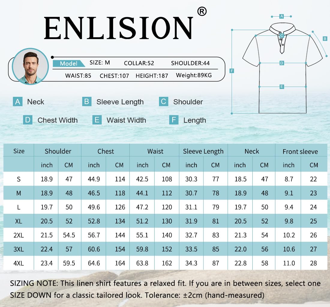 Enlision Camisa Lino Hombre Manga Corta Verano Camisas Casual para Hombres Cuello Mao Ibicenca Camiseta con Botones Algodón Color Sólido Ropa S-4XL