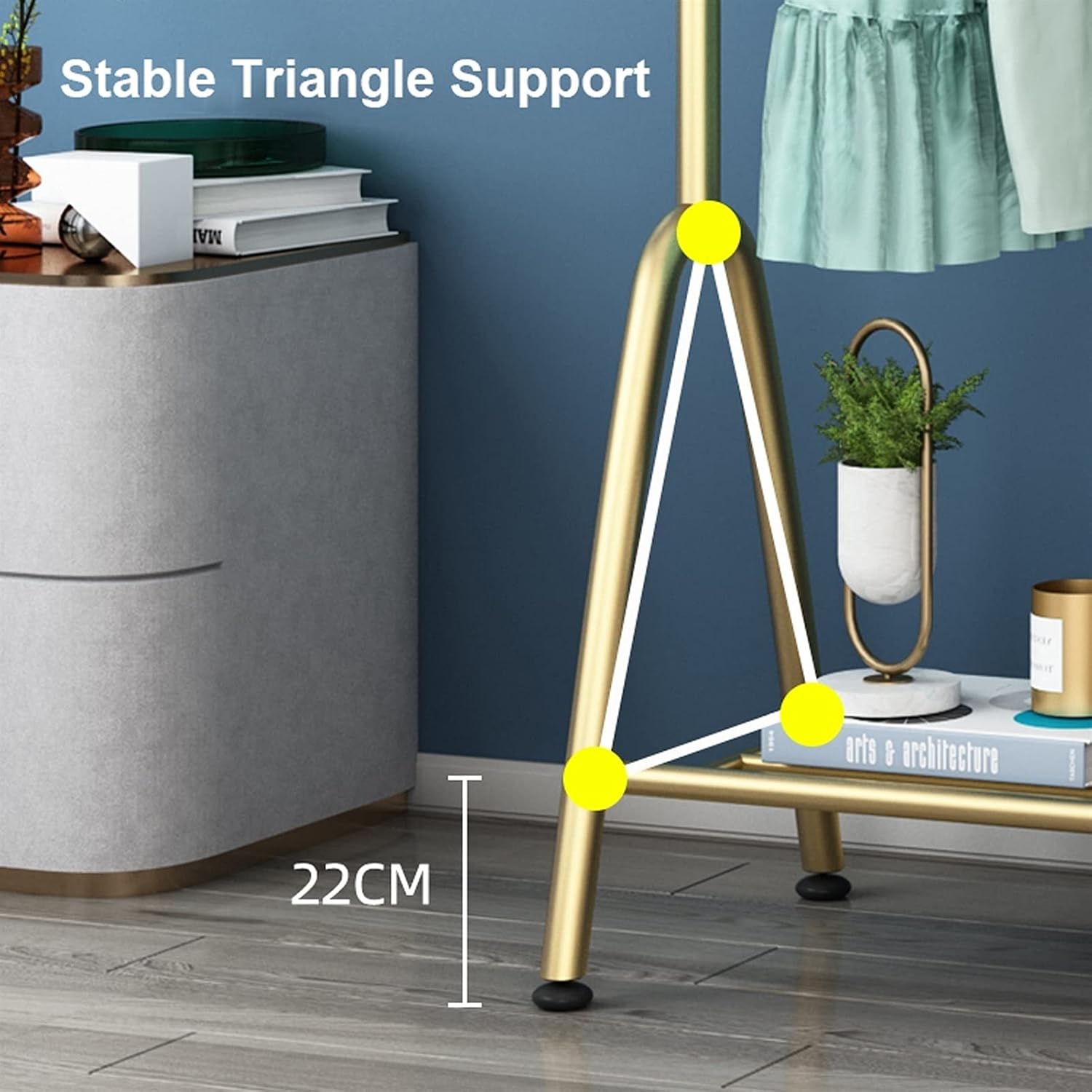 Clothes Rail with Bottom Storage Shelf &6 Hooks,Modern Clothes Rack Garment Display Stand for Bedroom Entryway (Gold-150cm image 2