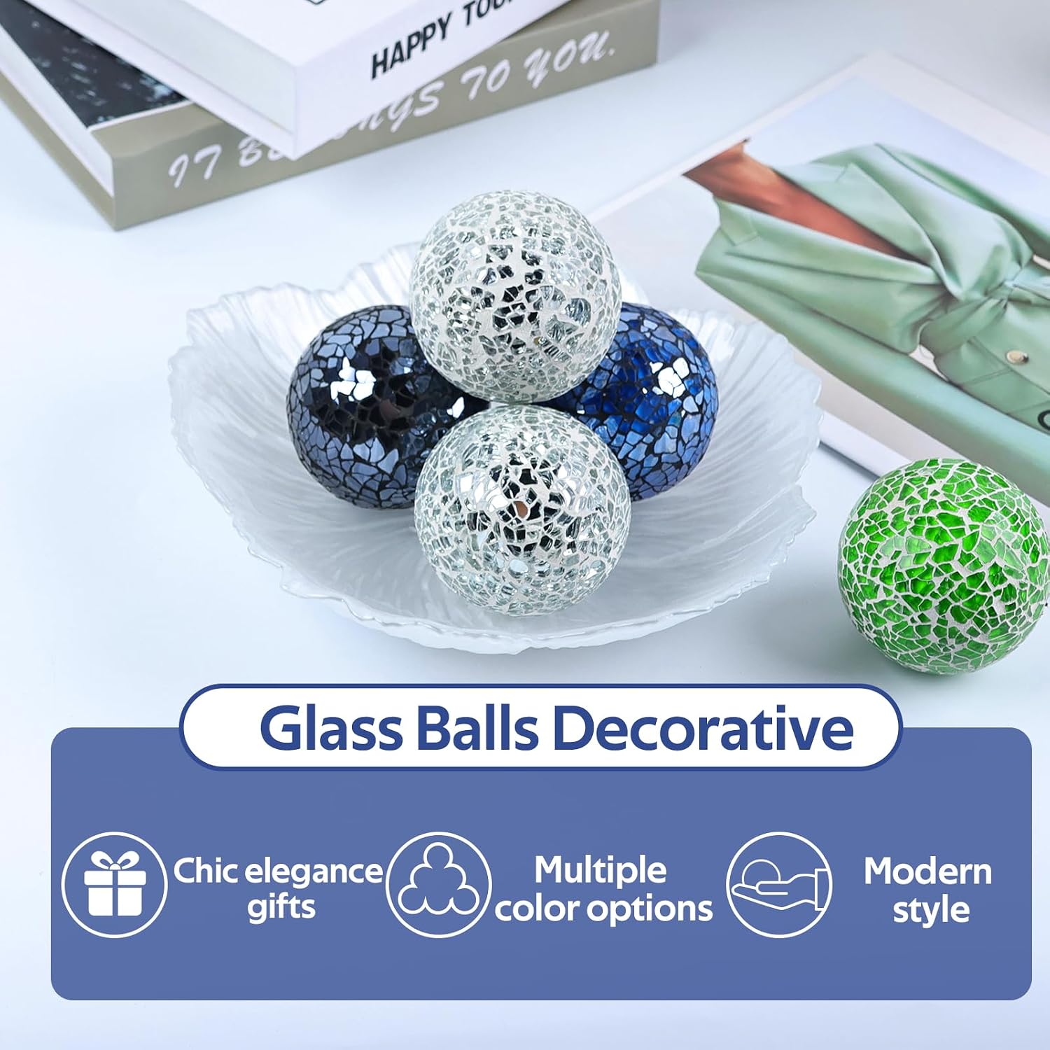 2.5-Inch Blue Glass Decorative Balls for Bowls Mosaic Orbs 6 Pcs