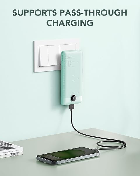 VRURC VRURC Portable Charger Built-in Cables and AC Wall Plug, USB C Power Bank 10000mAh, Travel Battery Portable Phone Charger Compact Lightweight External Battery Pack for Smart Phones, Tablets etc-Green in use