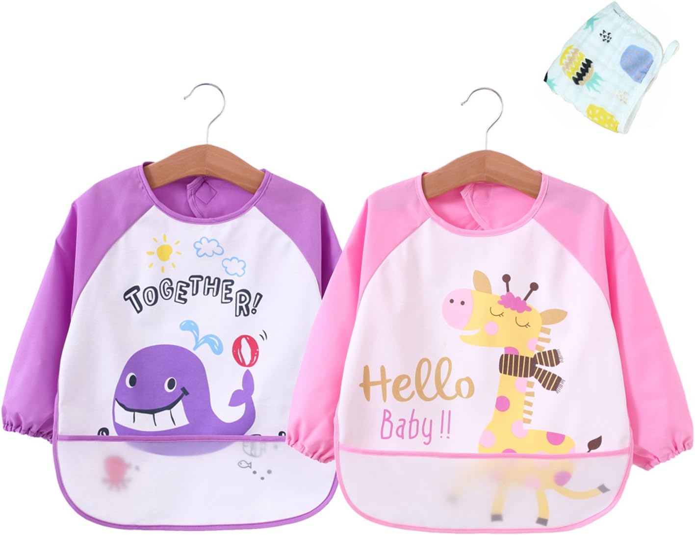 Babylaza Infant Toddler Baby Waterproof Sleeved Bib, Set of 2, Free Baby Towels (6-24 Months) (Purple + Light Pink)