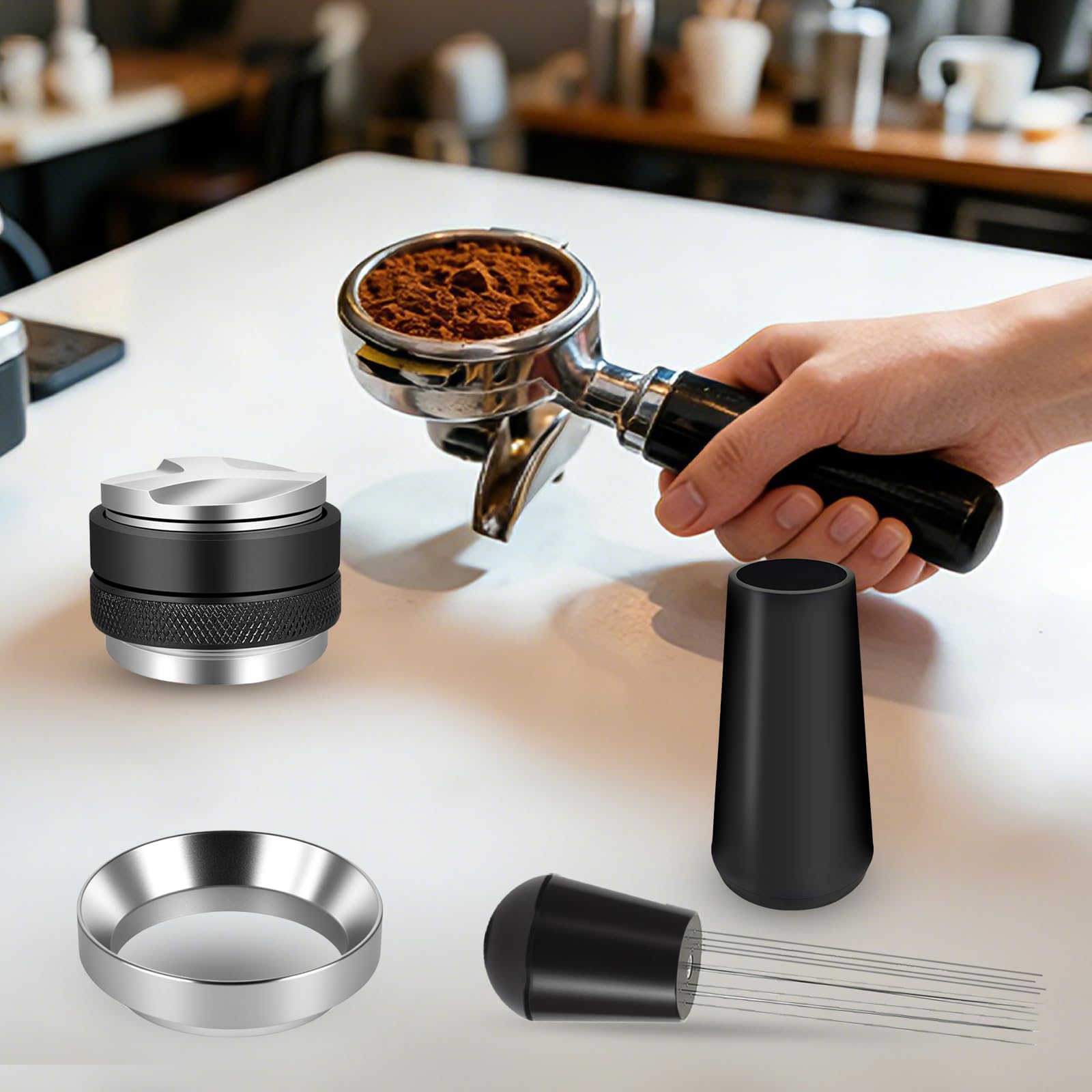 Kit Barista 51mm con Tamper 51mm, Pressino Caffè 51mm, Anello Dosatore, Tool WDT 12 Aghi, Dosatore Caffè per Moka, Distributore Caffè e Tappetino Macchina Caffè in Silicone, Set Accessori Portafiltro