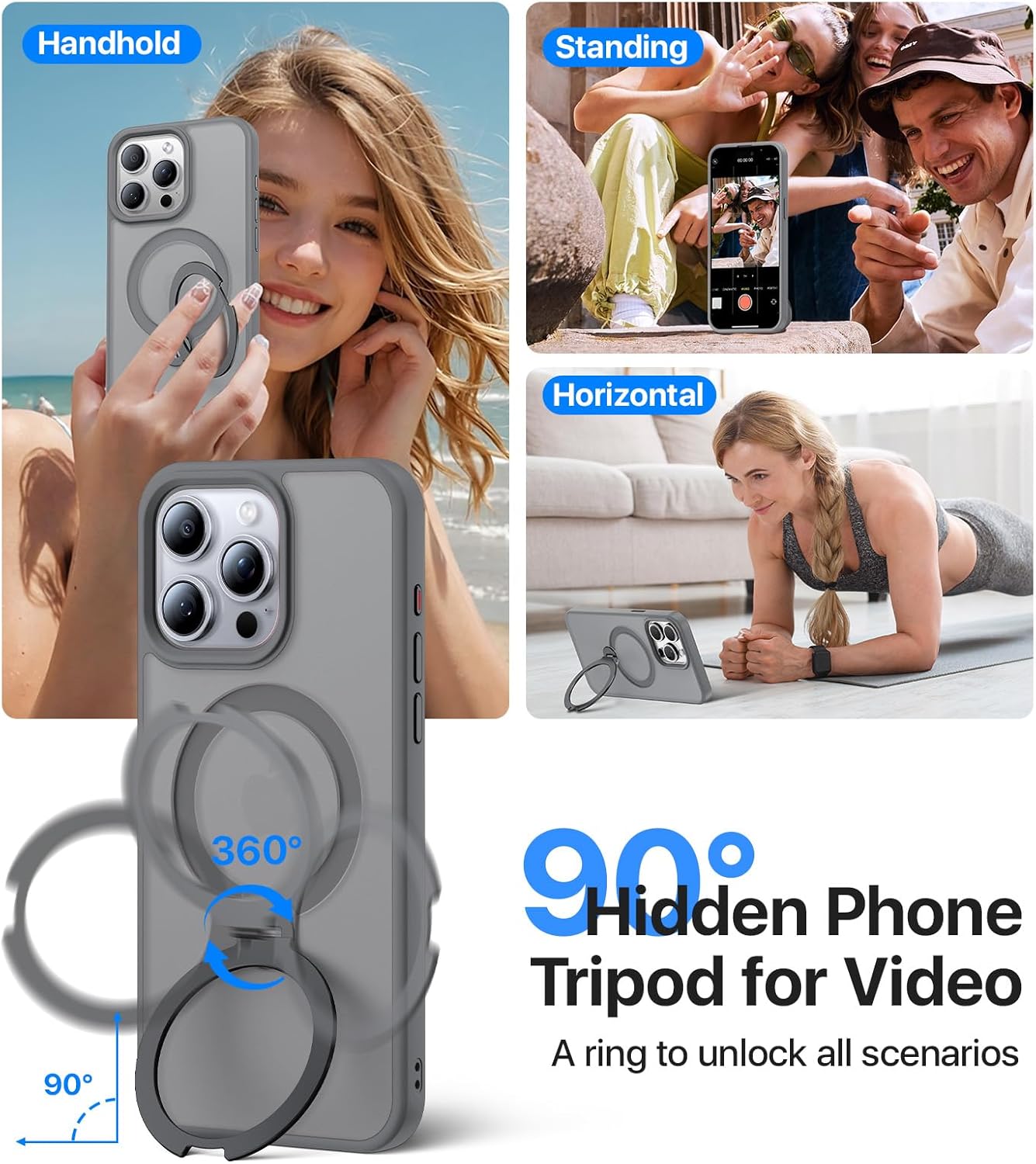 360° Magnetic Stand for iPhone 14 Pro Max Case, [Compatible with MagSafe] Build-in Invisible Ring Kickstand, Shockproof Slim Translucent Matte Phone Case for iPhone 14 Promax, Gray - Image 3