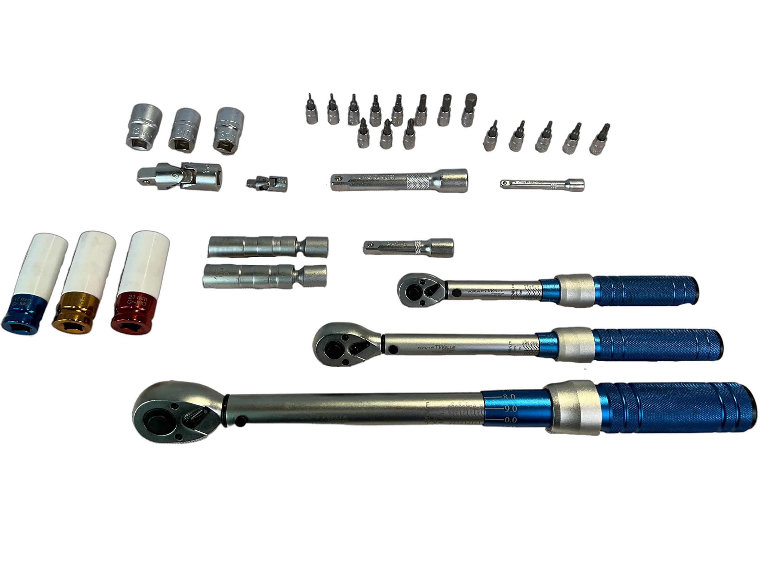Kraftwelle Set di chiavi dinamometriche professionali da 32 pezzi, include cricchetto reversibile da 1/4, 3/8, 1/2" da 2-220 NM, cricchetto a denti fini, con bussola e set di punte